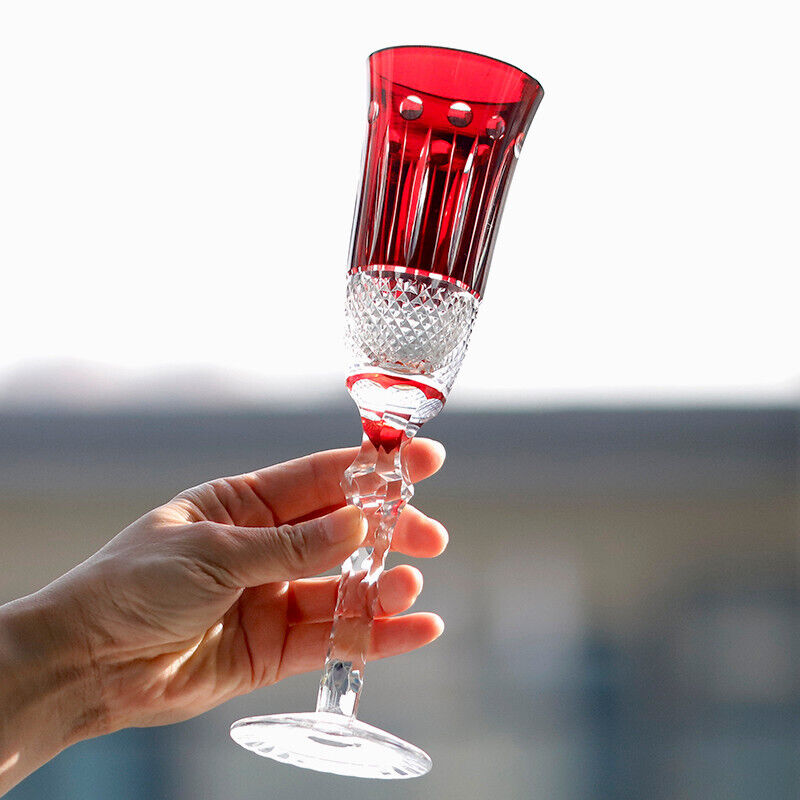Bohemian Style Champagne Flute Glasses Hand Cut To Clear Red Crystal Glass 5oz