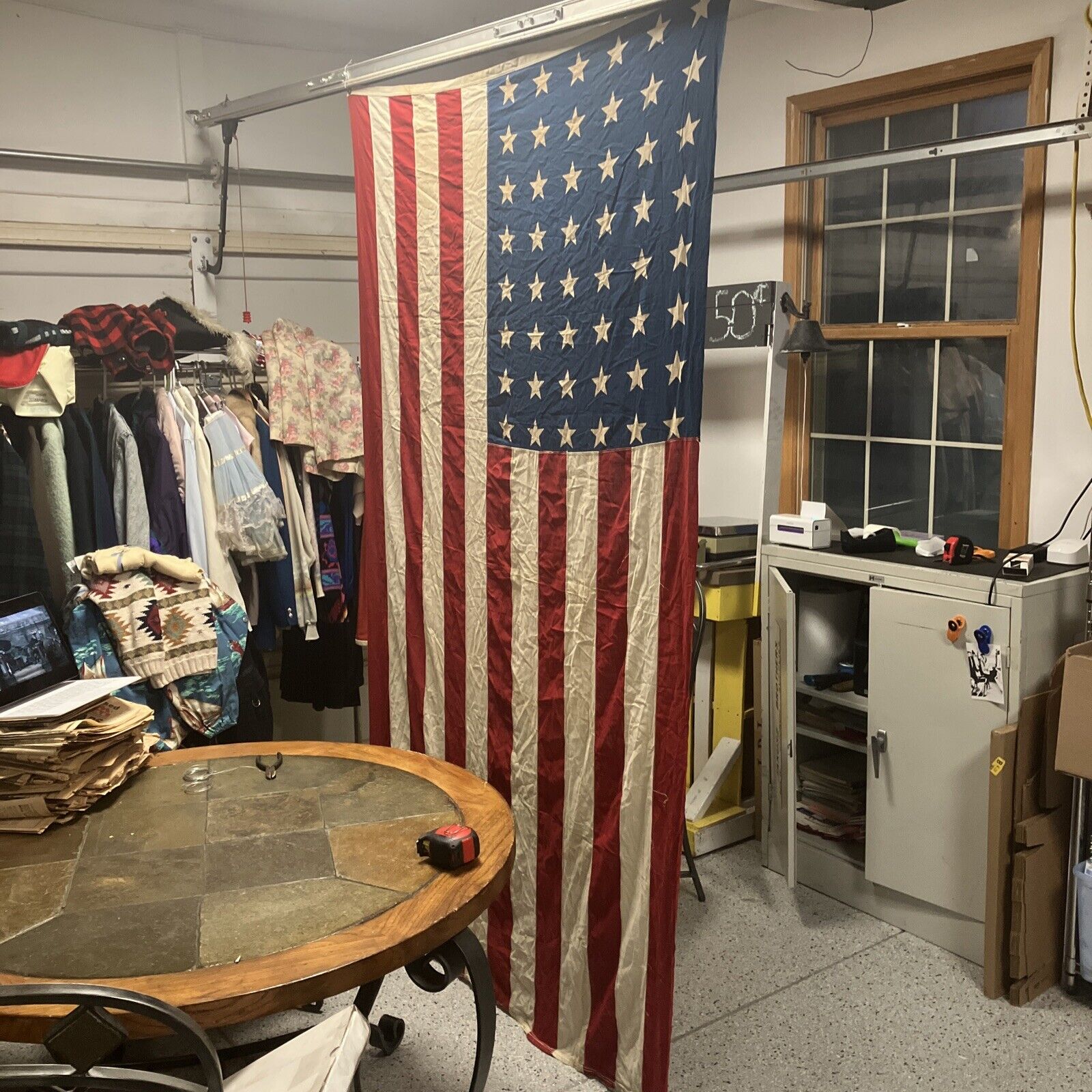 Huge Vintage 48 Star US American Flag Large Linen - Approx 5 Ft X 8 Ft