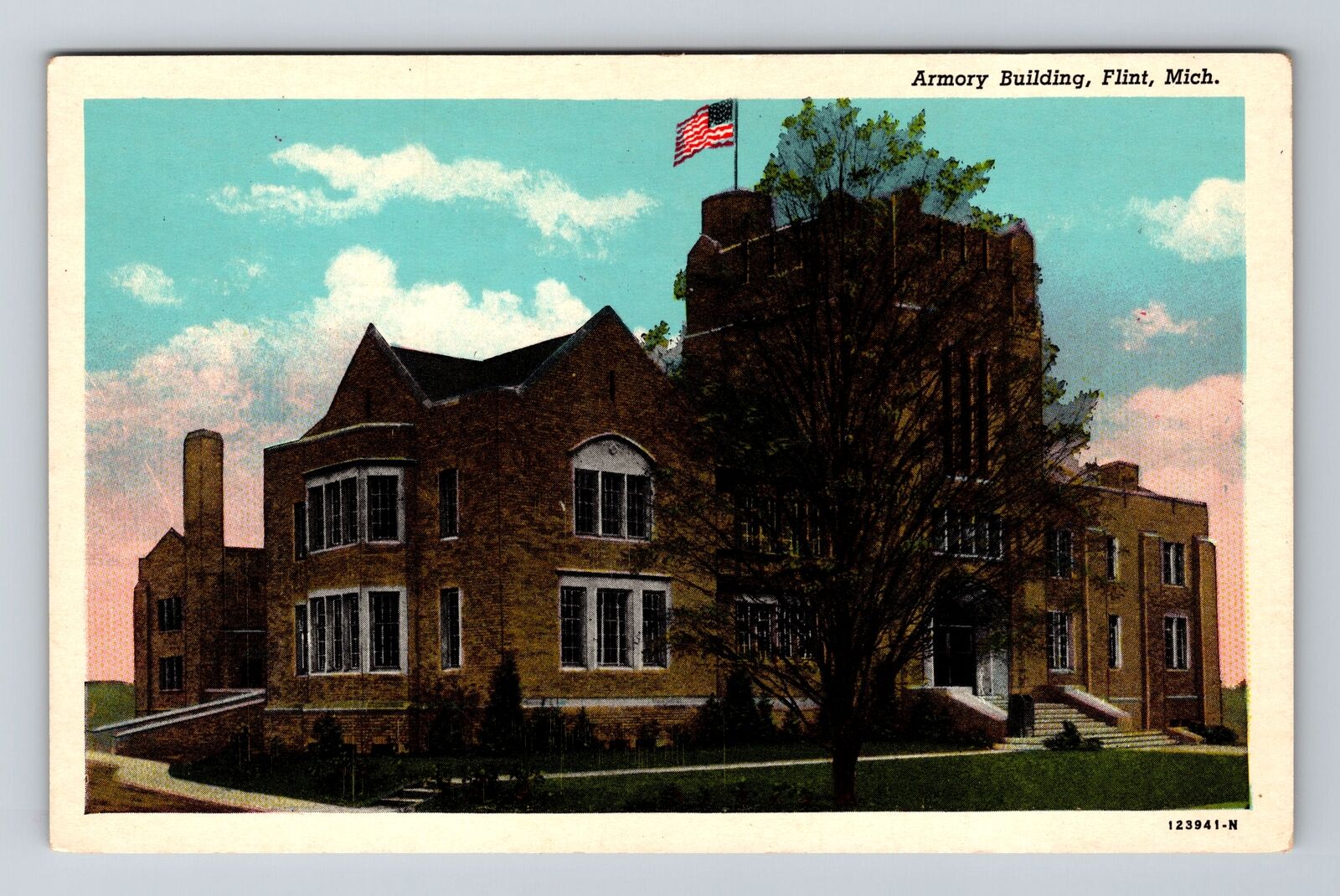 Flint MI-Michigan, Armory Building, Antique Vintage Souvenir Postcard