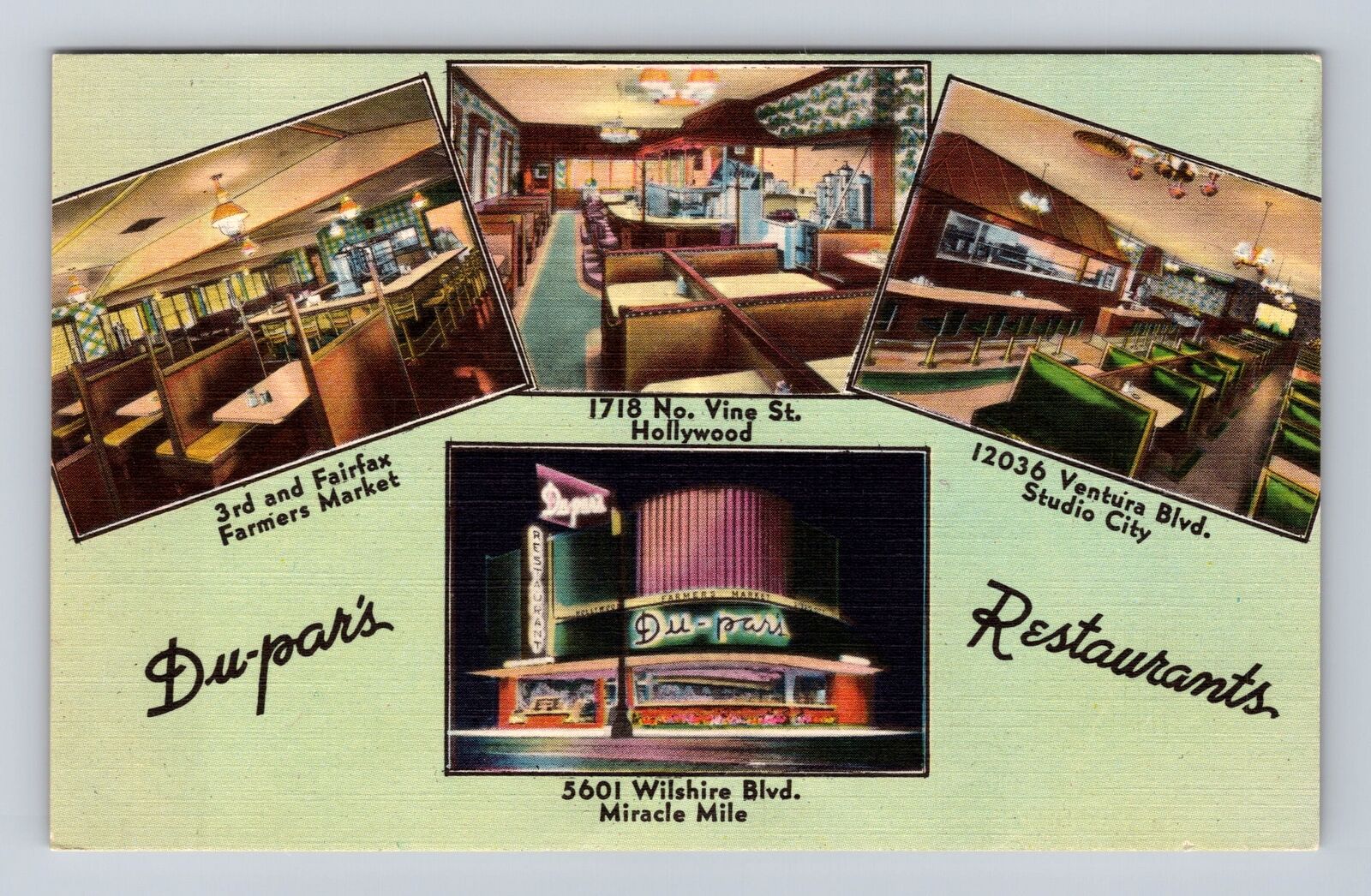 Hollywood CA-California, Du-par's Restaurants Advertising Linen Vintage Postcard