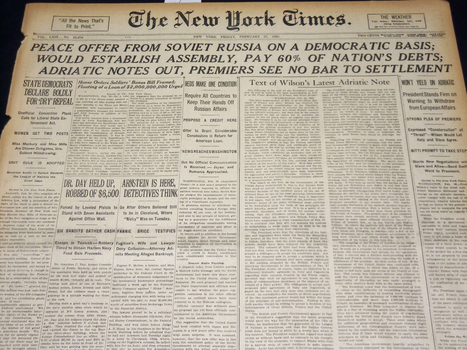 1920 FEBRUARY 27 NEW YORK TIMES - PEACE OFFER FROM SOVIET RUSSIA - NT 7875