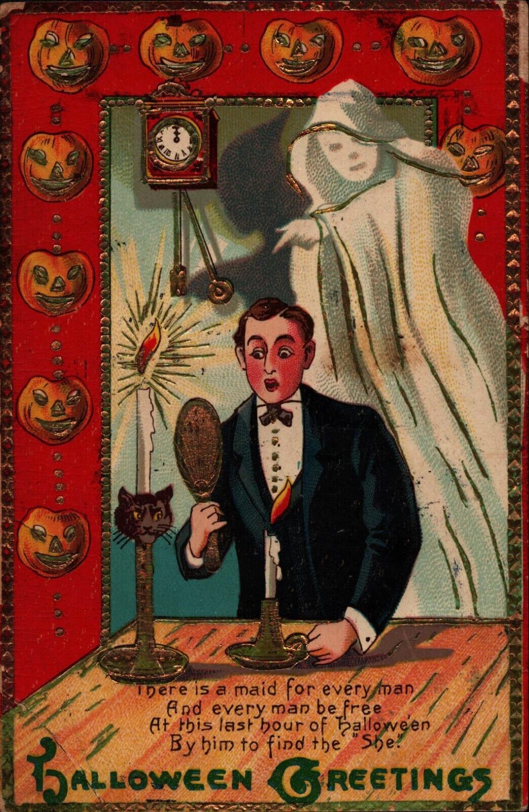Halloween artist Postcard Man Sees Ghost Reflection Black Cat Head R Kathmann