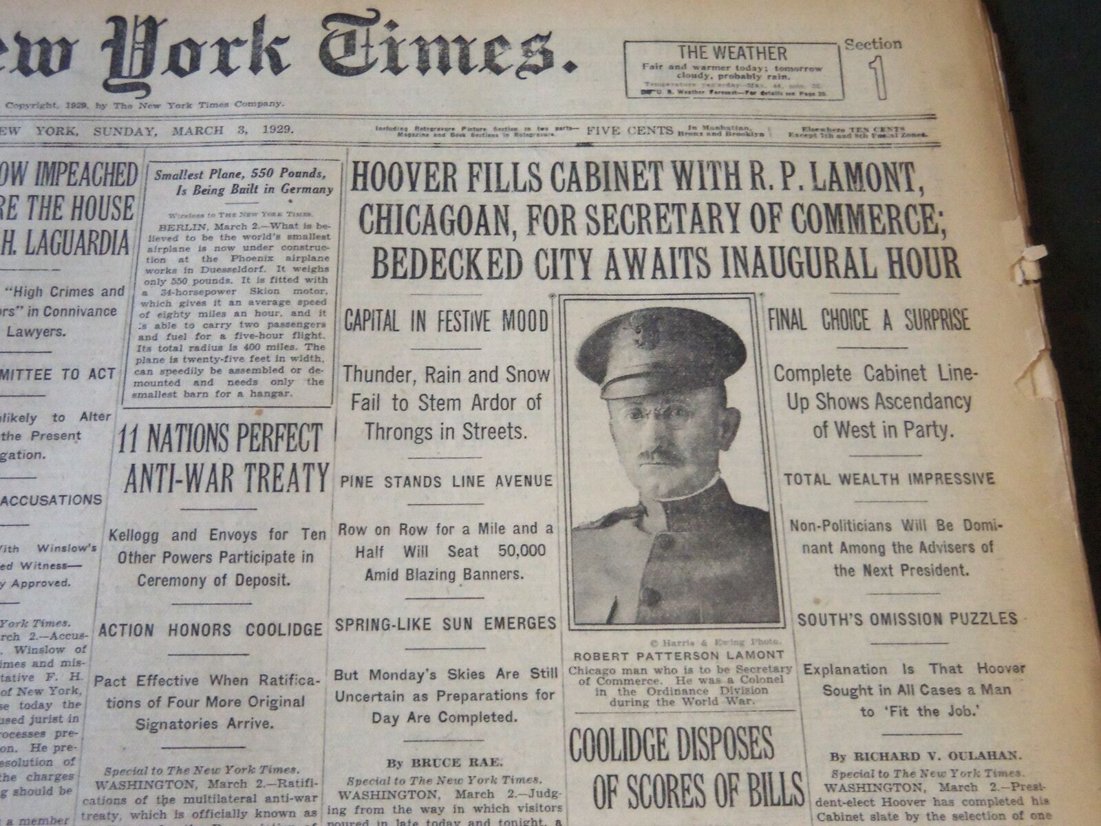 1929 MARCH 3 NEW YORK TIMES - HOOVER FILLS CABINET WITH R. P. LAMONT - NT 6615
