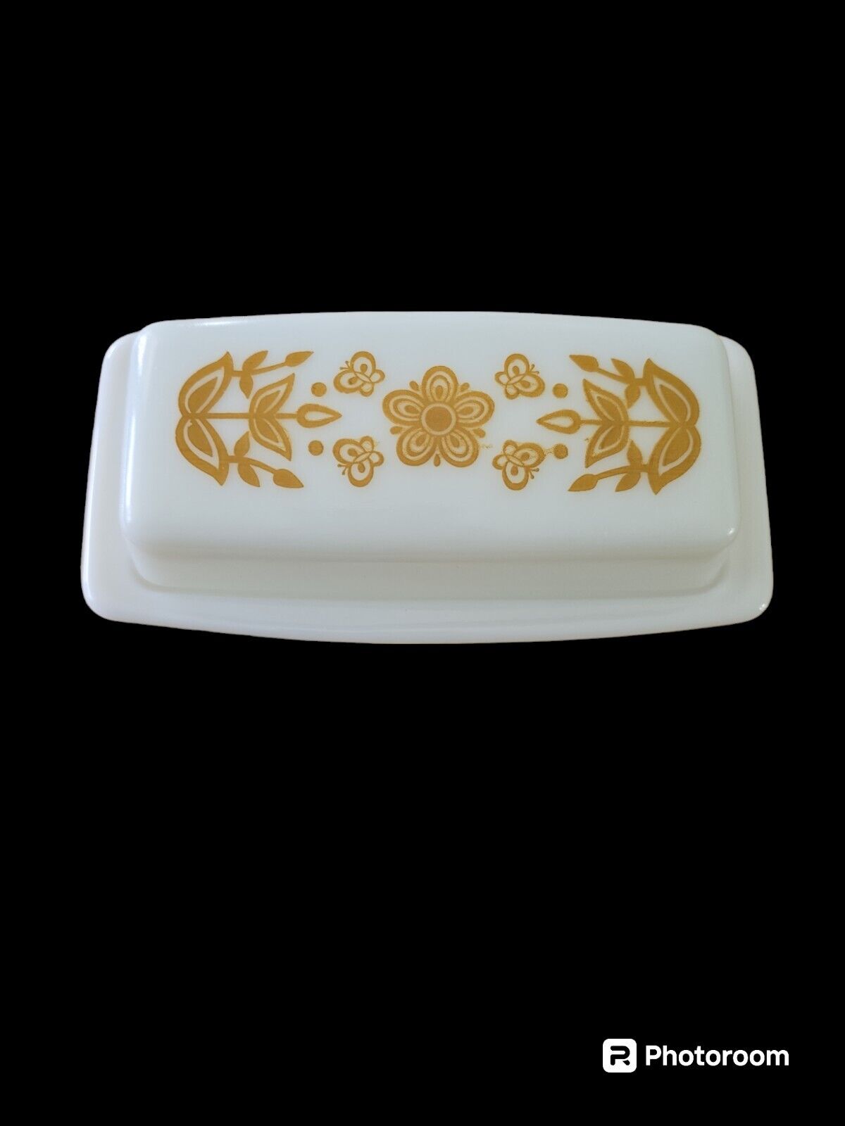 Vintage Pyrex Butterfly Gold Milk Glass Stick Butter Dish with Lid 72-B No Chips