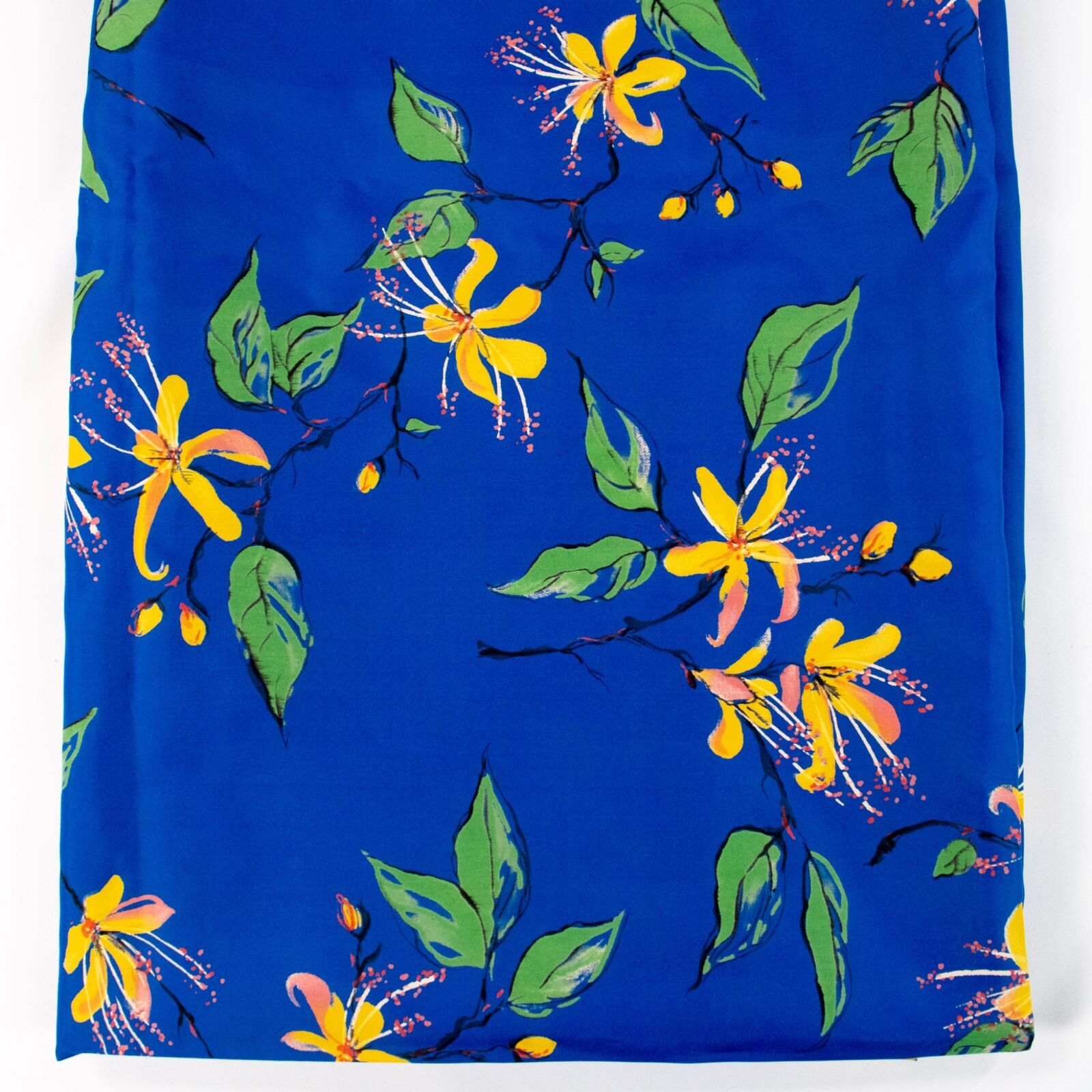 Vintage Dressmaking Fabric 1970s Yellow Flowers on Blue Stylized Floral 45x94