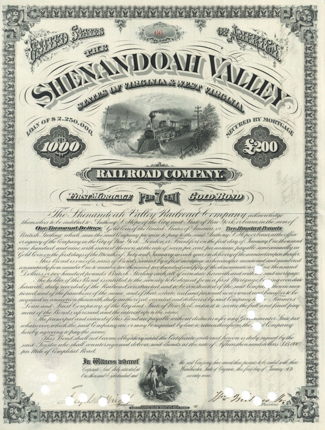 Shenandoah Valley Railroad Co. - 1879 dated $1,000/200 Railway 7% Gold Bond - Gr