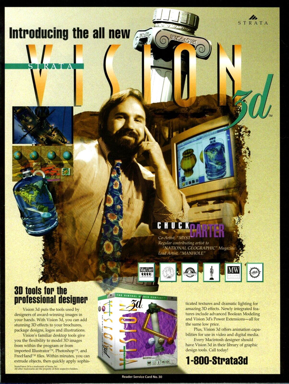 Vintage Computer Print Ad Strata Vision 3D Chuck Carter Graphics 1990s Man, Tie