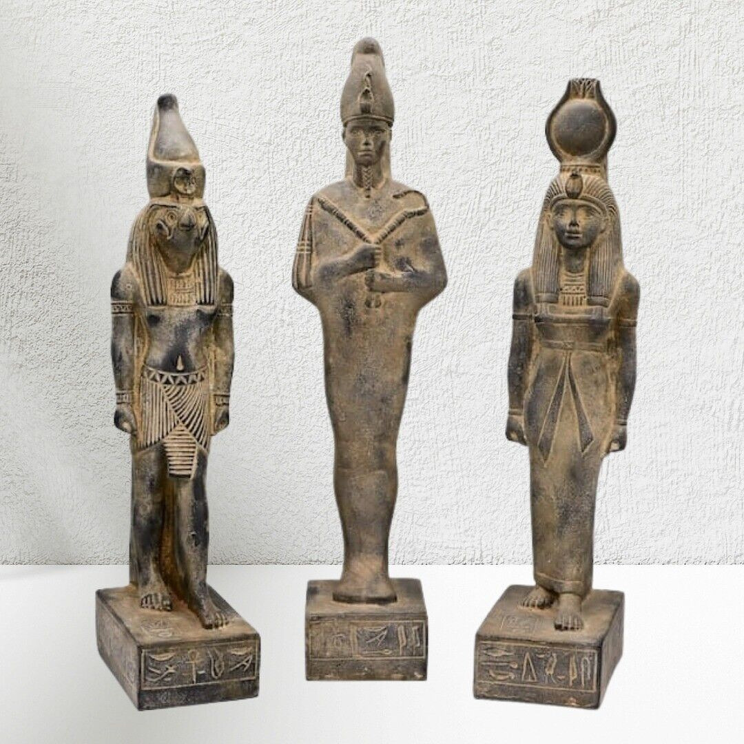RARE EGYPTIAN ANTIQUES 3 Stone Statues Large Of God Osiris, Horus, Goddess Isis