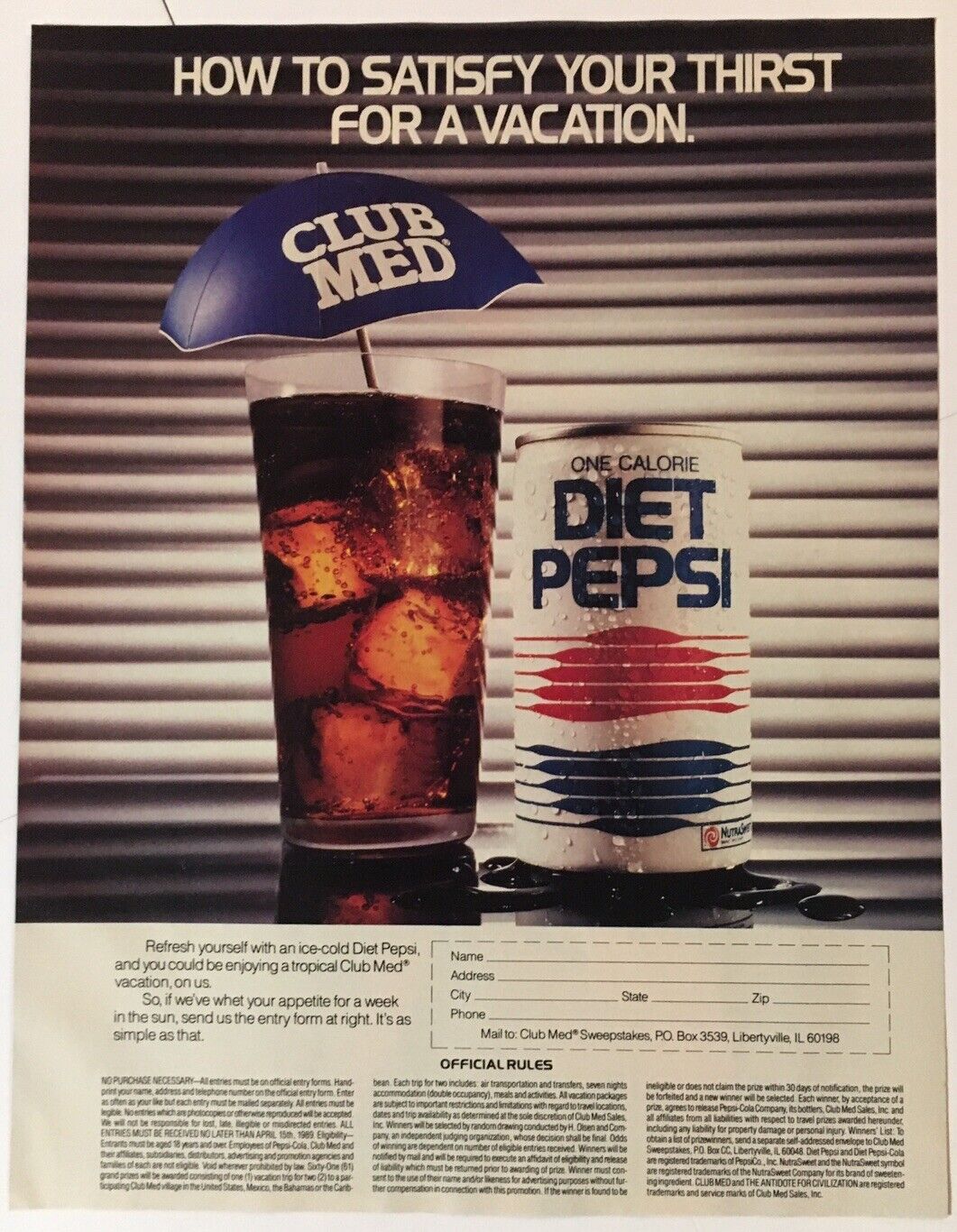 Diet Pepsi Club Med 1989 Vintage Print Ad 8x11 Inches Wall Decor