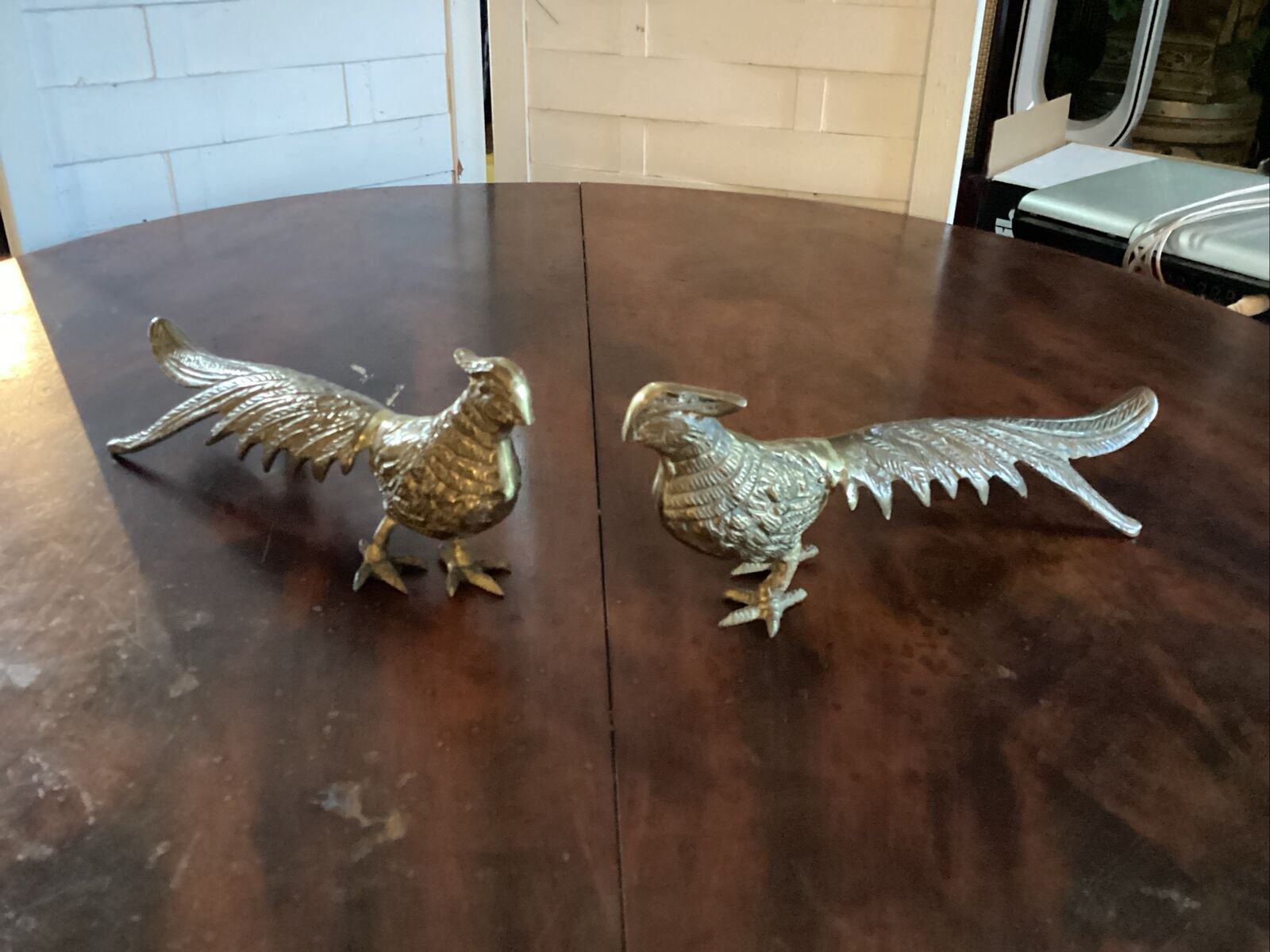 Vintage Pair Of Pheasants / Peacocks Brass Statues 12” Long