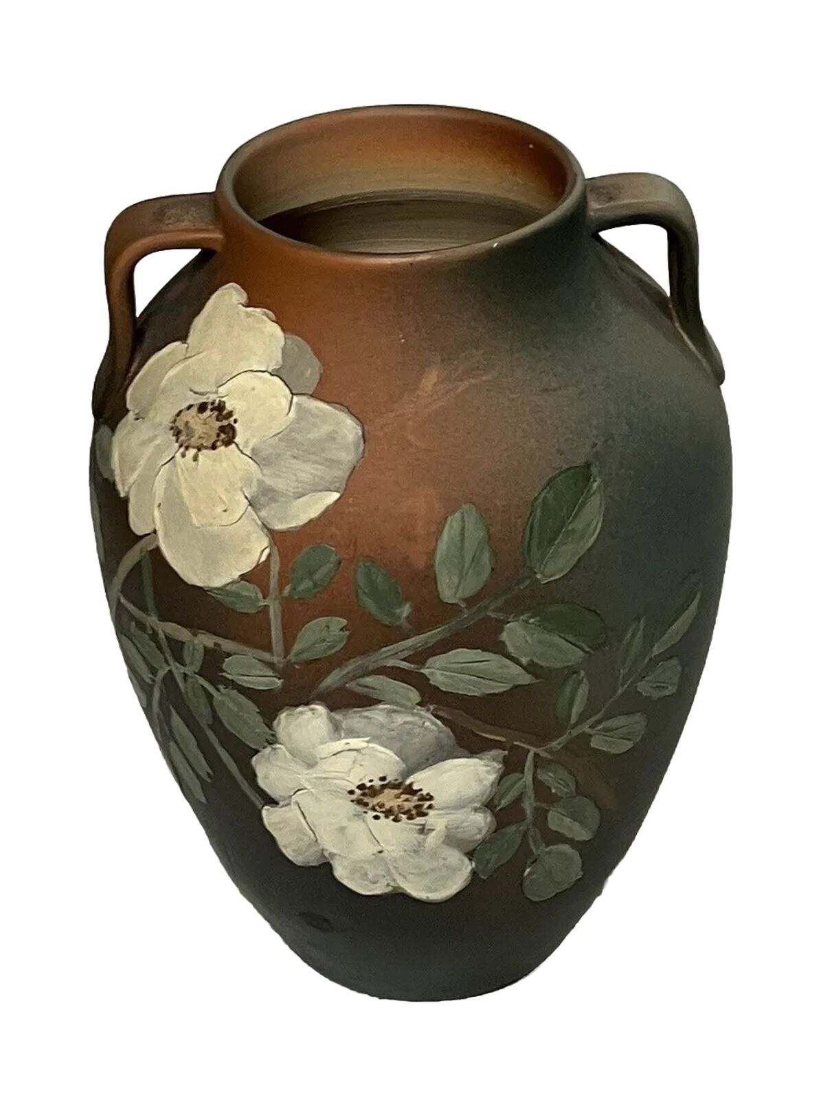 Antique Rookwood Pottery Vase Double Handled Early Slip Glaze Matte Wild Rose