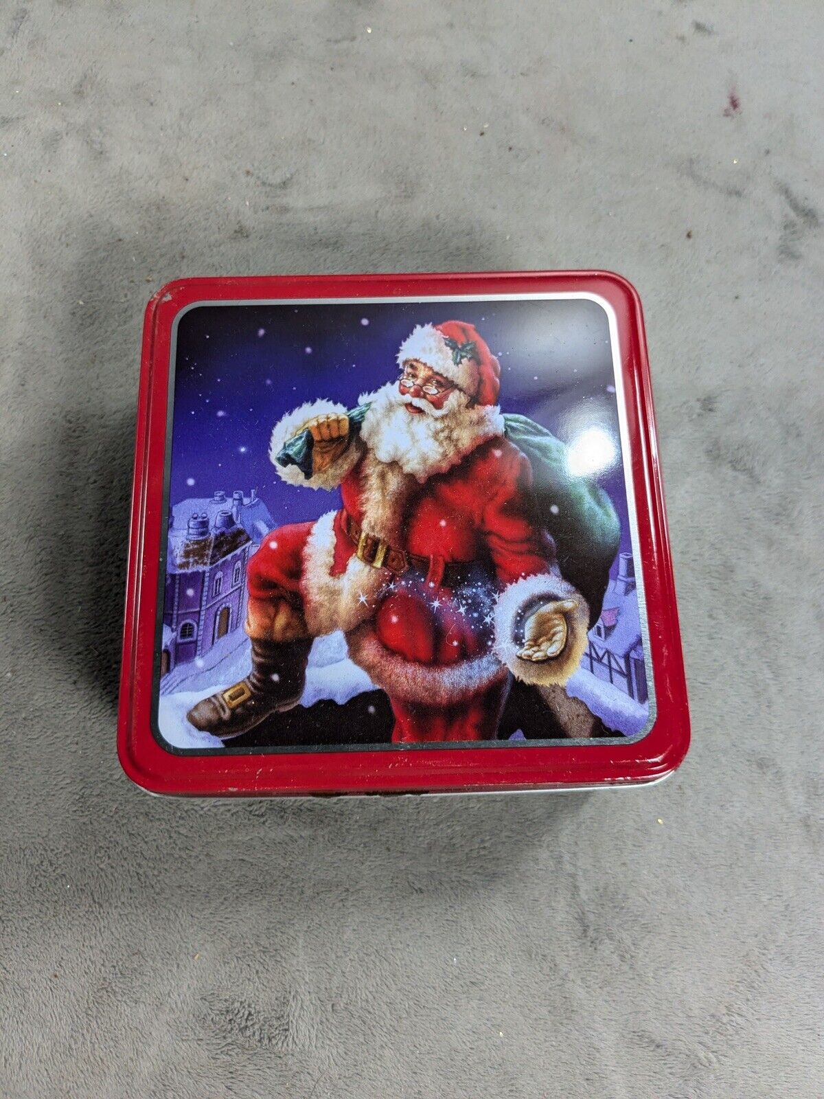 Christmas Santa Holiday Metal Square Cookie Tin Container Appx 6x6”