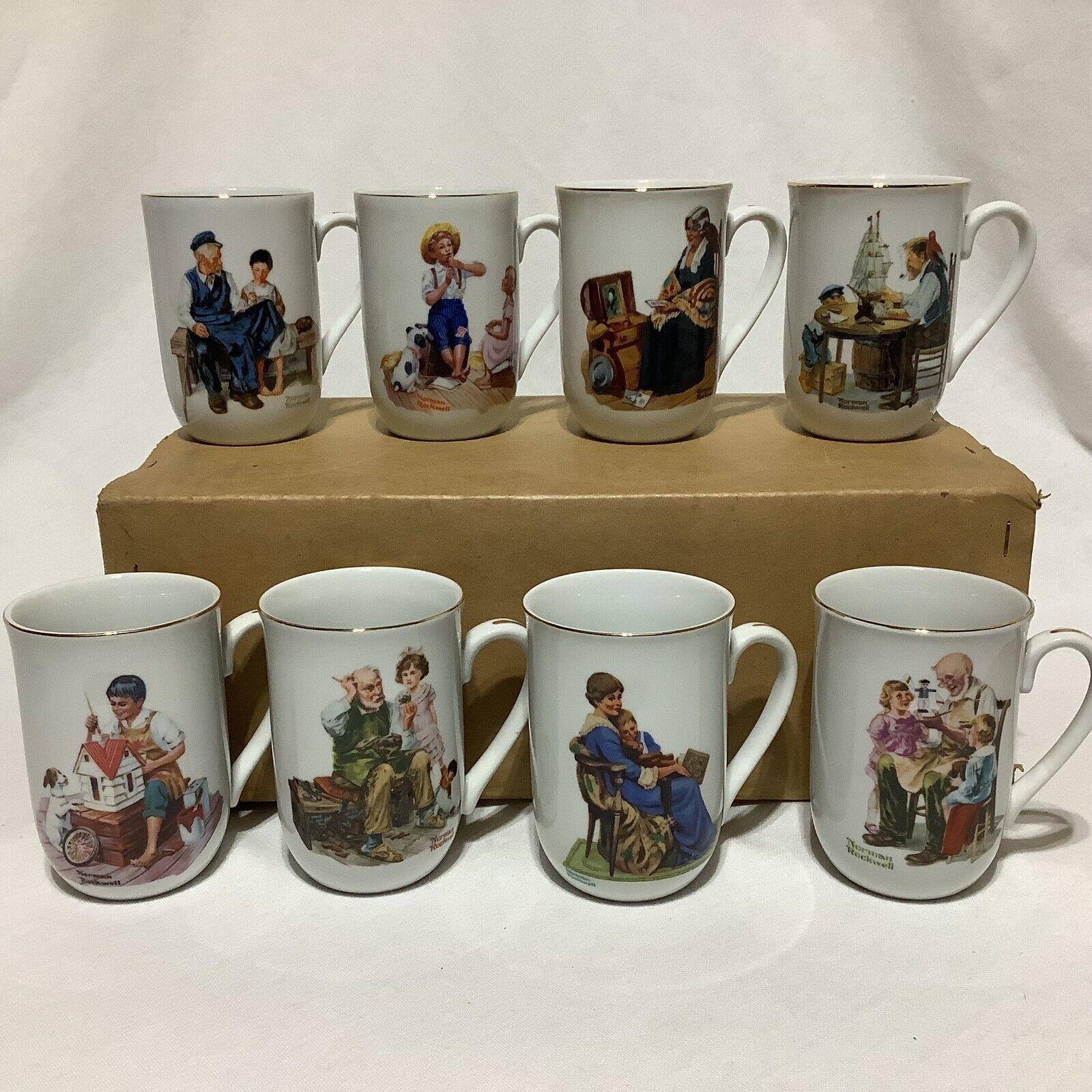 VTG Norman Rockwell Museum Collection Mugs Cups Set of 8 Japan '82 Gold Orig Box
