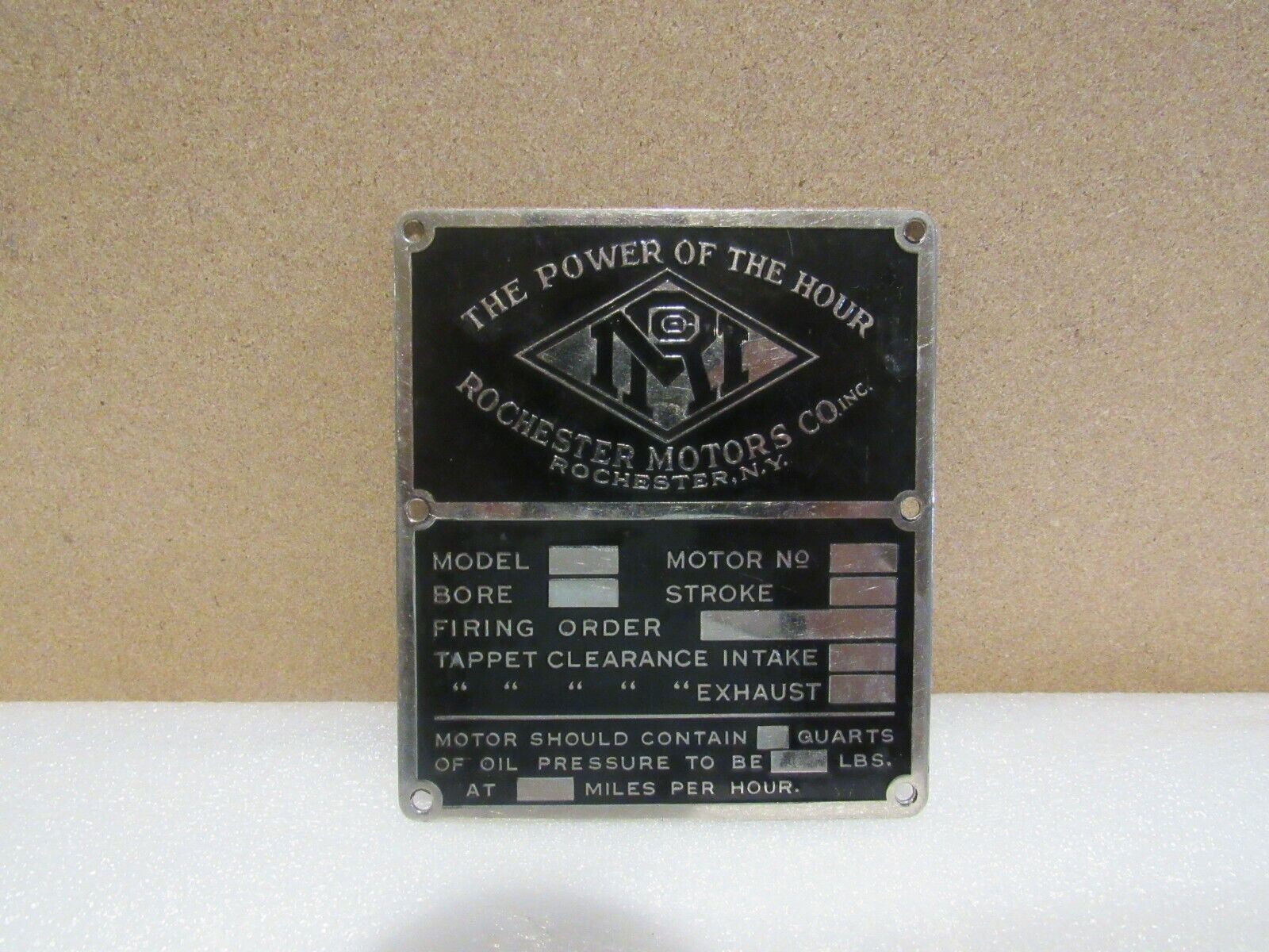 Vintage MRI Specs Plate The Power of the Hour Rochester NY Motors Co Metal