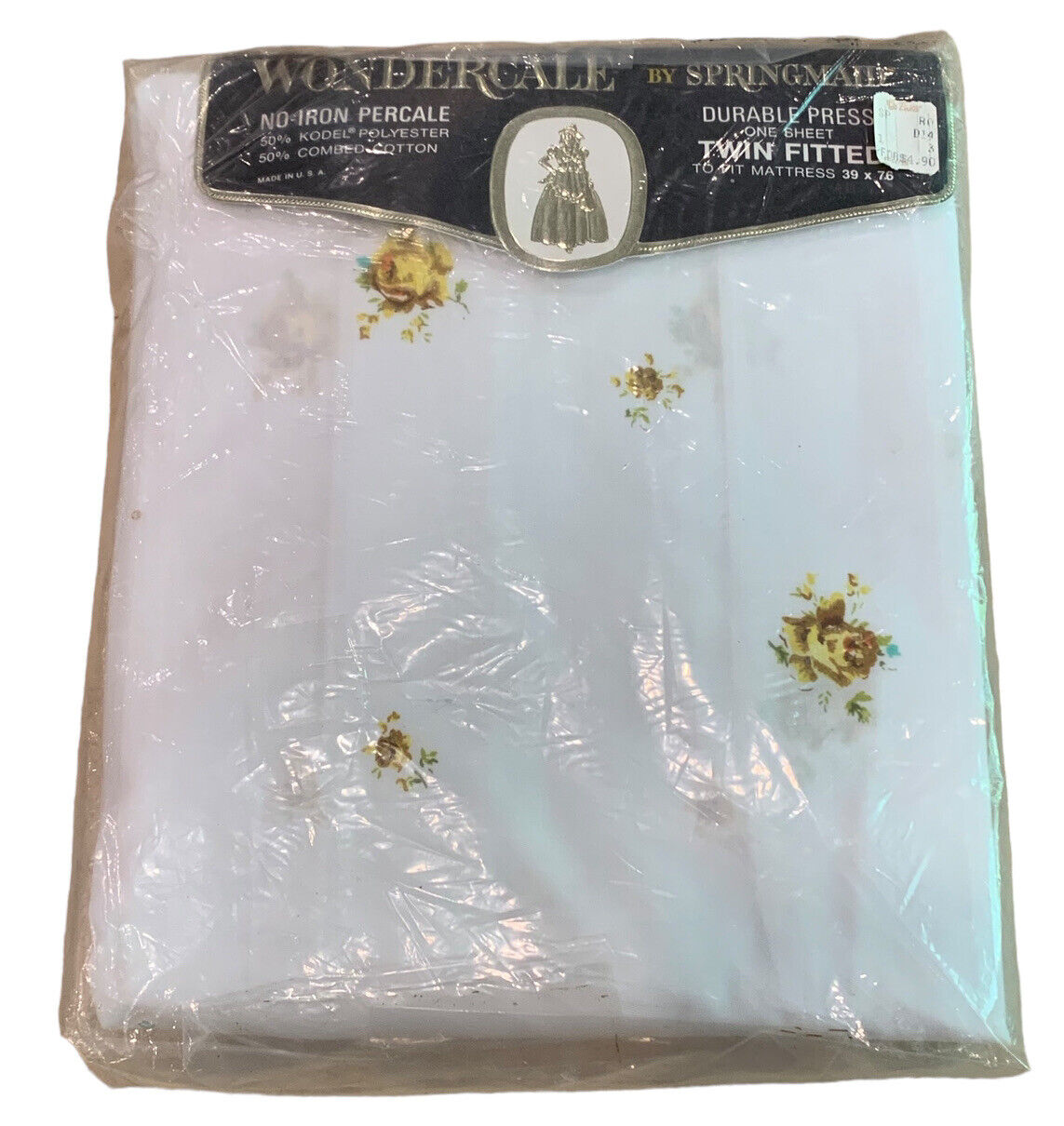 Vintage Twin Fitted Sheet White Gold Cottage Roses Percale Springmaid Rosegay