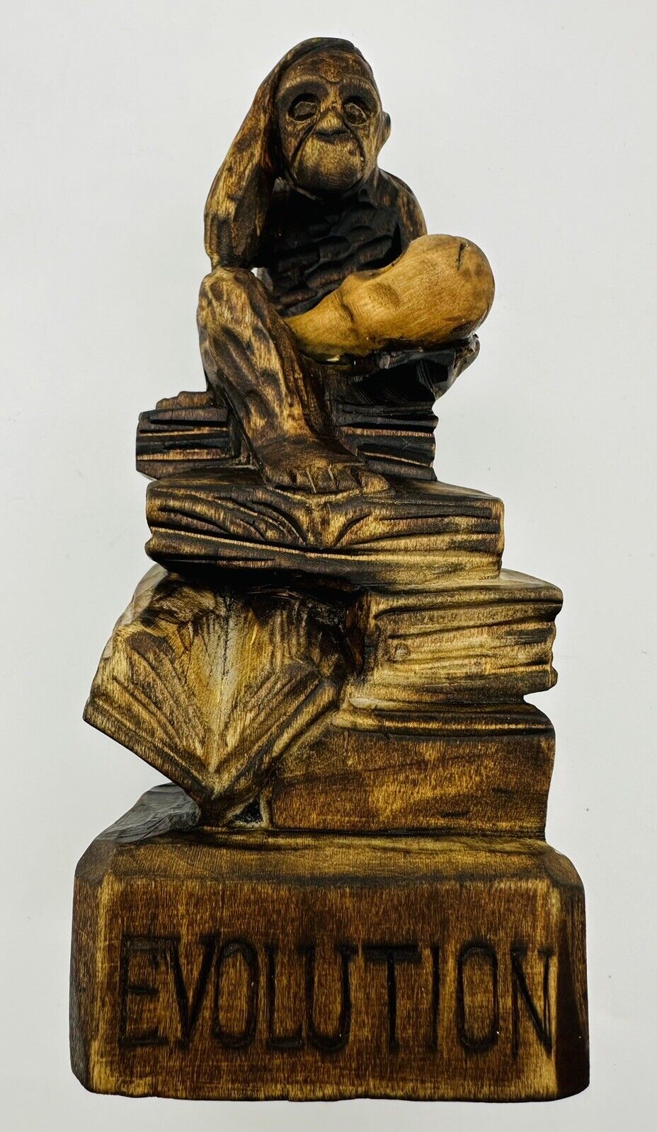 Old Carved Wood Darwin Evolution Thinking Monkey w/ Skull on Books Sculpture