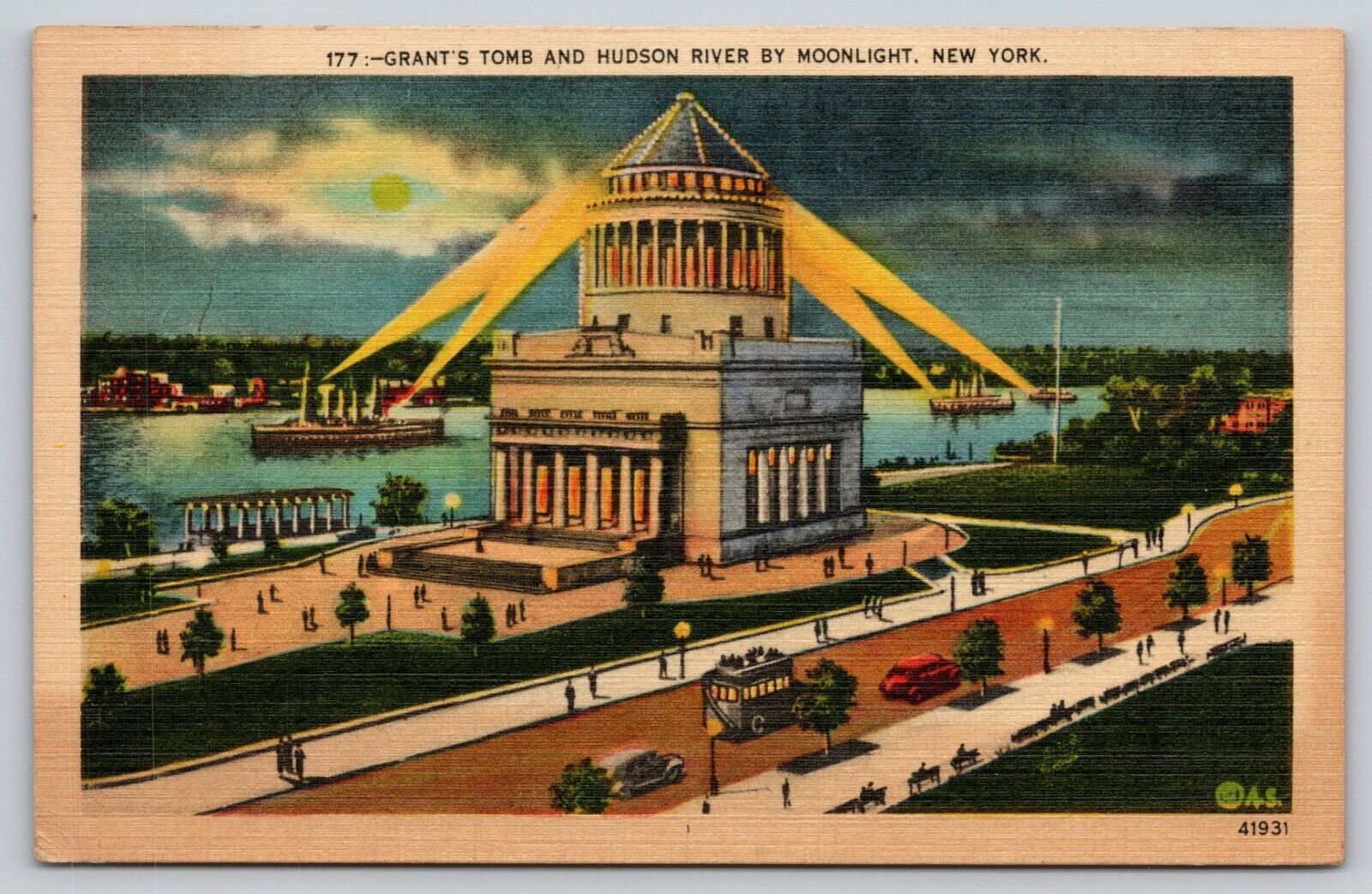 Postcard NY Grants Tomb And Hudson River By Moonlight Linen A11