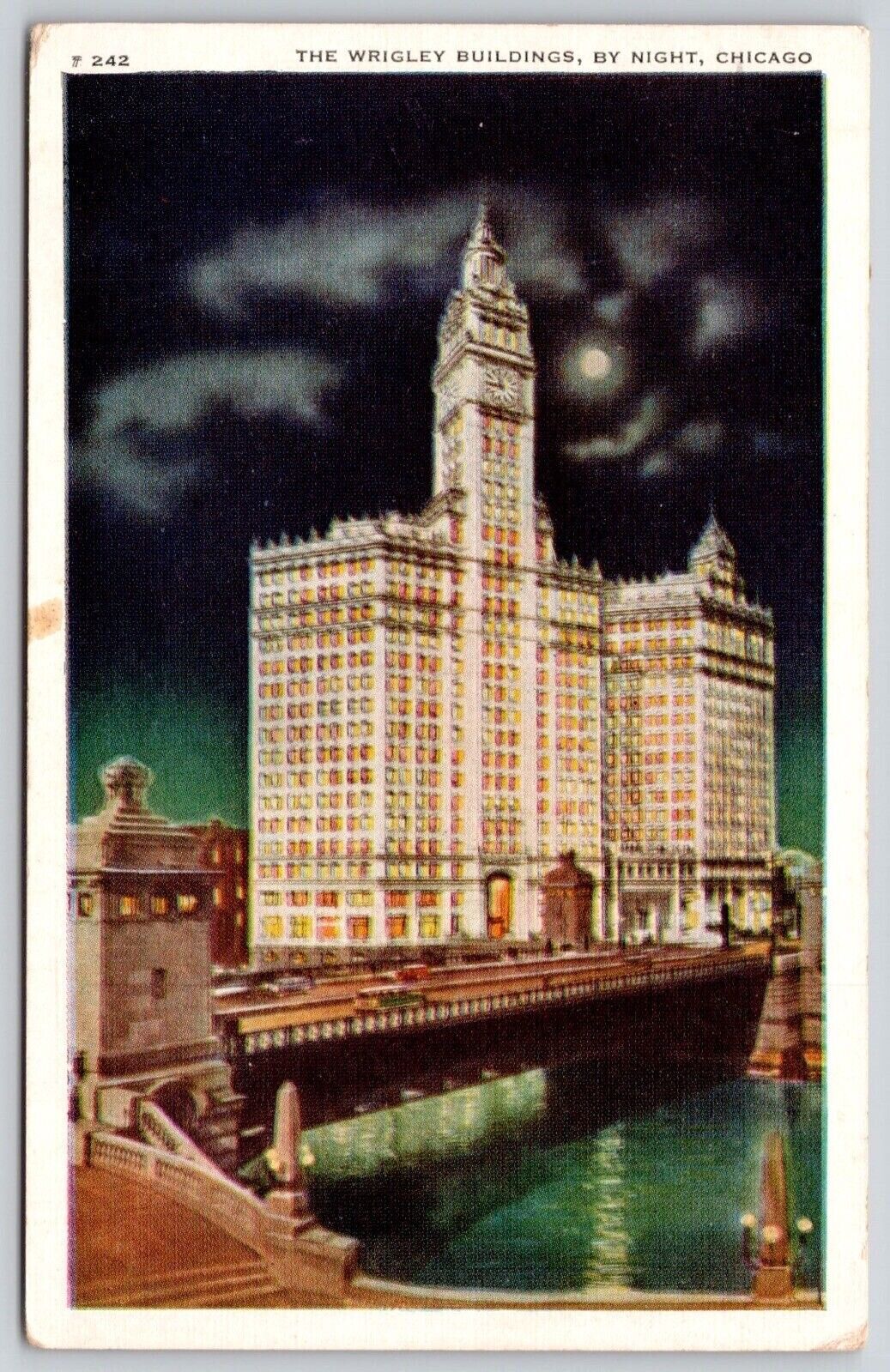 Illinois Chicago Night View Wrigley Building Skyscraper Moonlight WOB Postcard