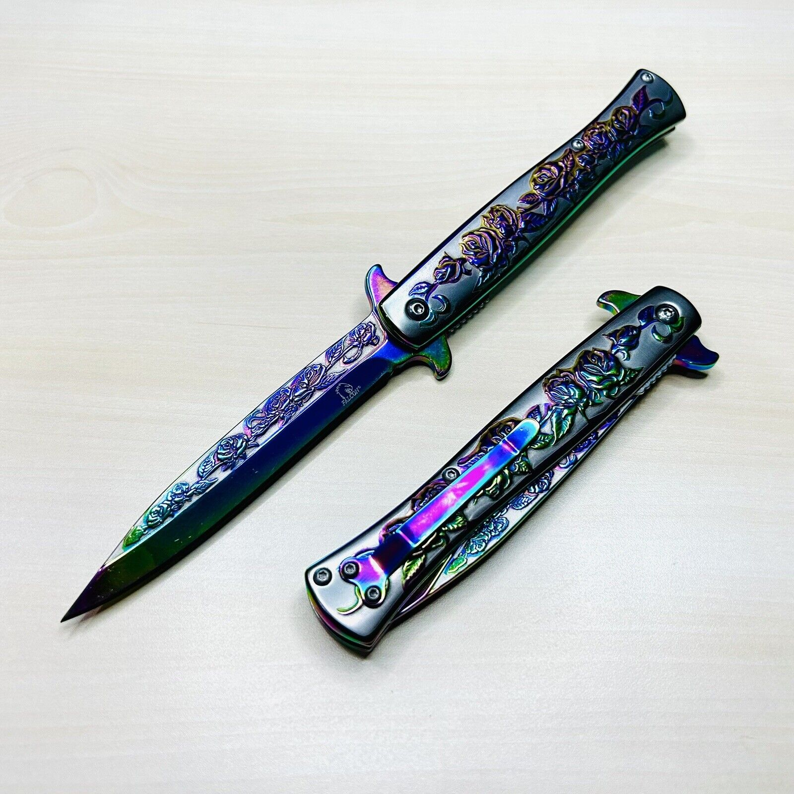 9” Rainbow Ross Knife Tactical Spring Assisted Open Blade Folding Pocket Knife