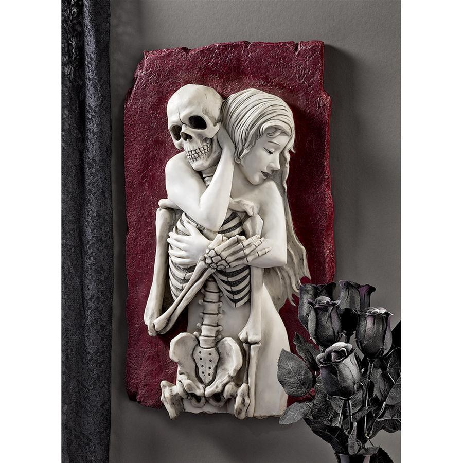 Life Embraces Death Lovers Bas Relief Woman Holding Skeleton Wall Sculpture