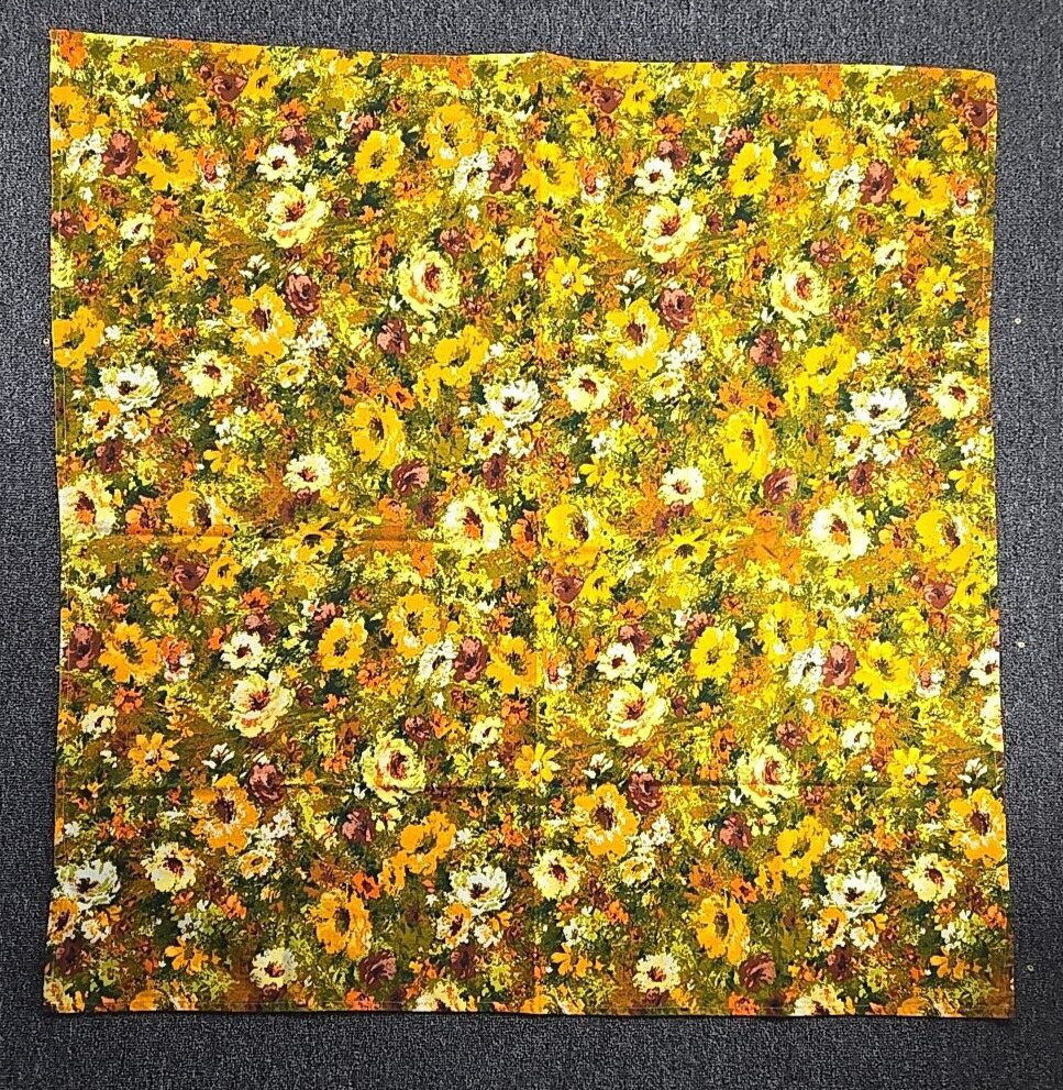 Vintage 70s Floral Tablecloth 46x46 Orange Yellow Olive Green Mod Handmade 