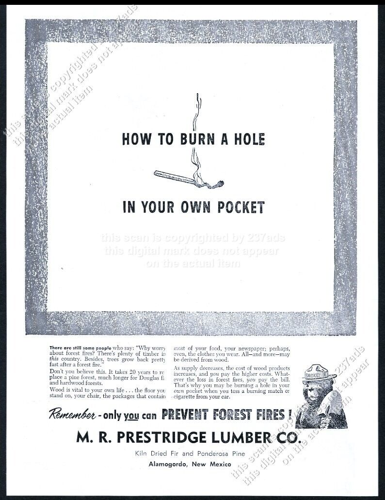 1957 Smokey Bear art Prevent Forest Fires Prestridge Lumber NM vintage print ad