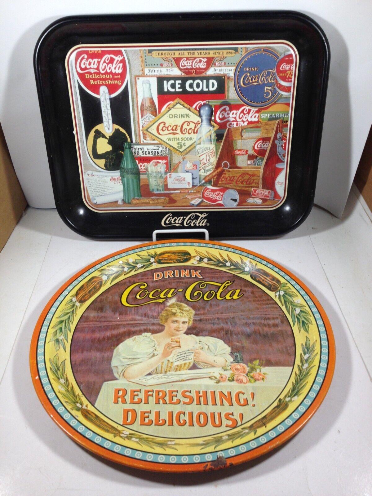 Pair of Coca Cola Tin Serving Trays Round and Rectangle