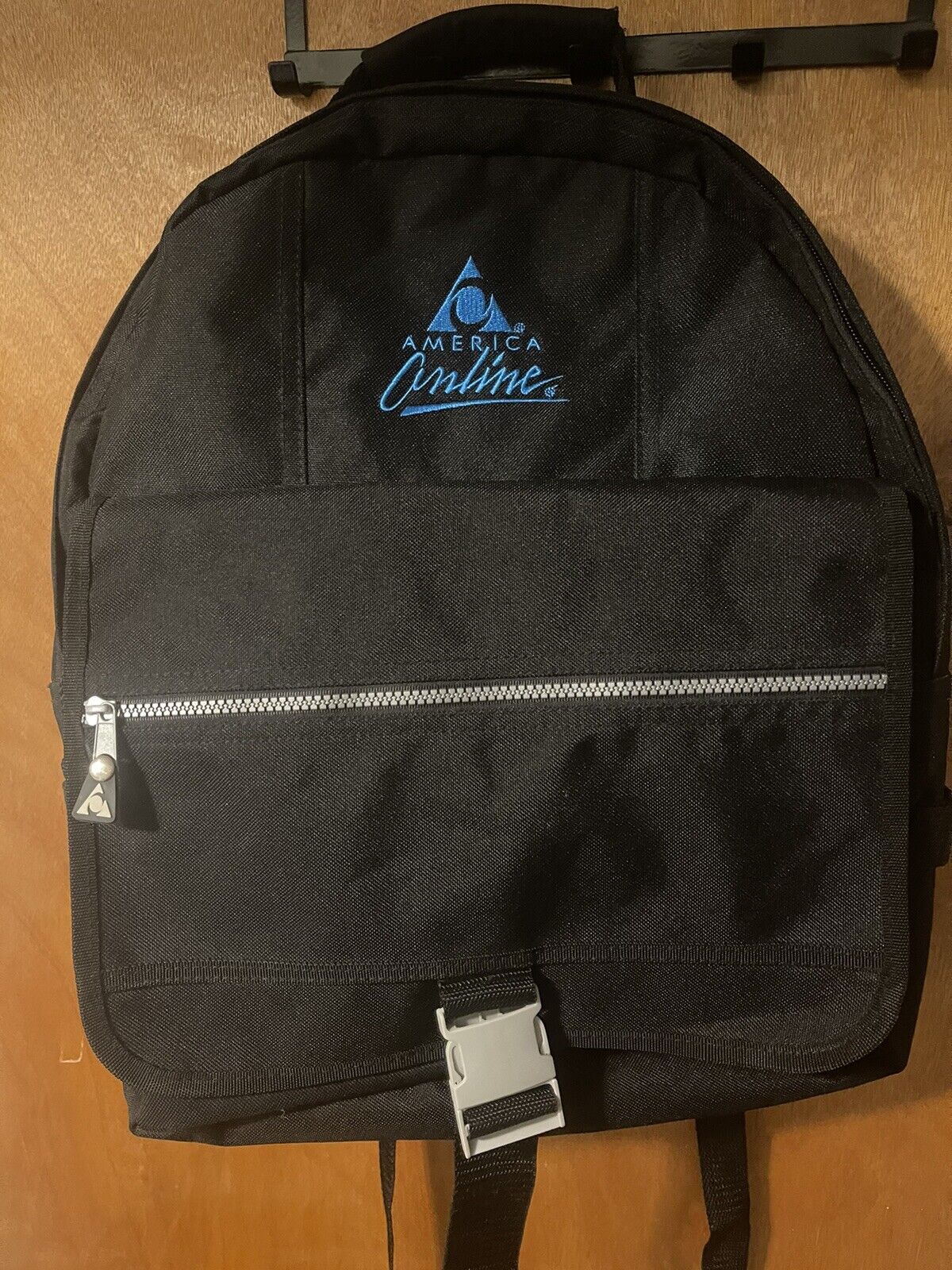 RARE Vintage AOL America Online Black canvas Backpack Zipper Book Bag Mint 1990s
