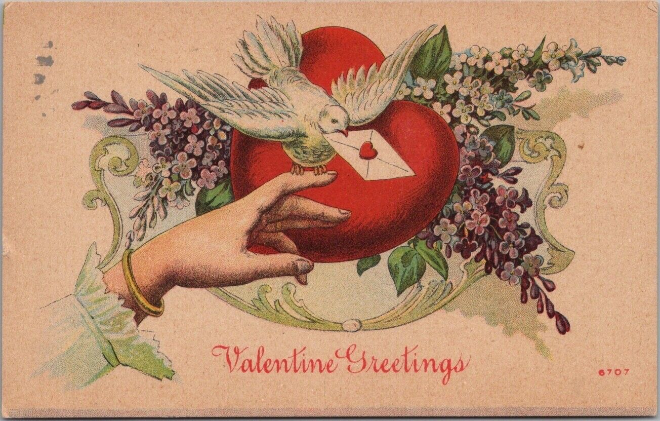 1913 VALENTINE'S DAY Embossed Postcard Lady's Hand / White Dove / Violet Flowers