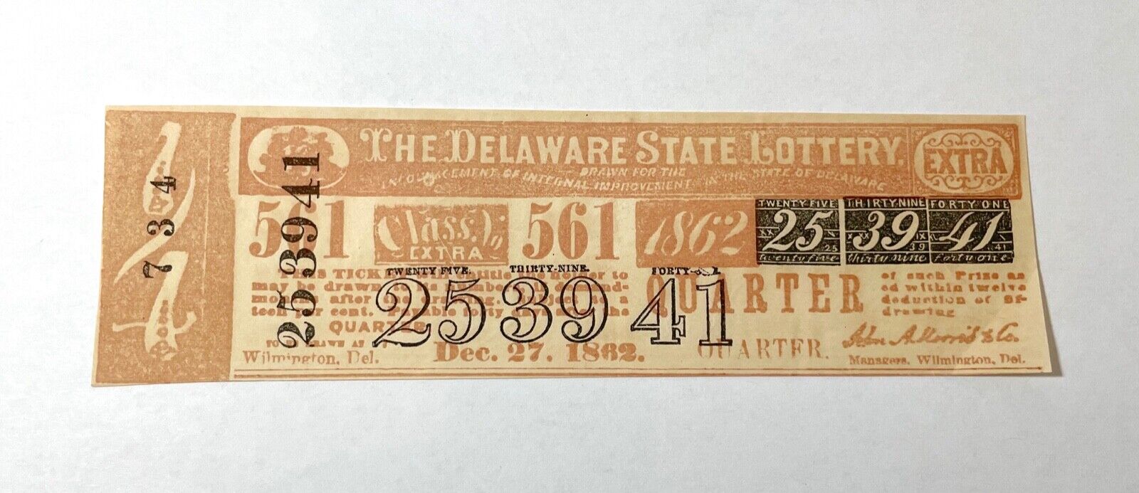 rare antique original Dec 27th 1862 Delaware United states lottery ticket stub