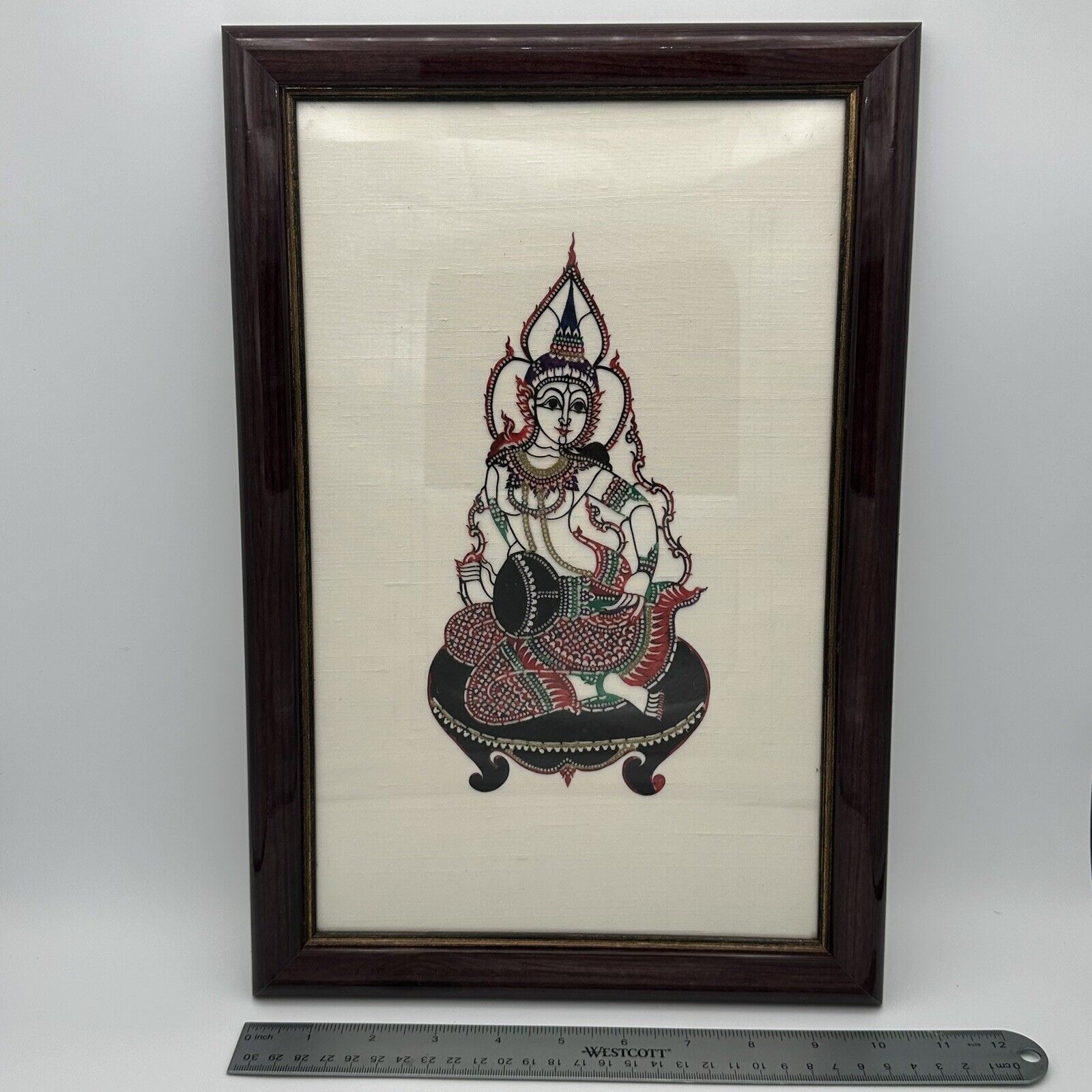 Vintage Thai Buddha Silk Paper Art In Frame - 13x19 Inches
