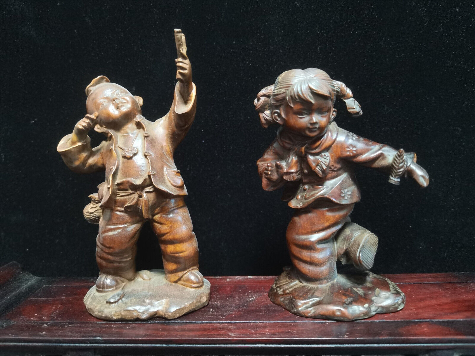 13cm pair decor natural boxwood carved Boys and Girls play Exquisite statue gift
