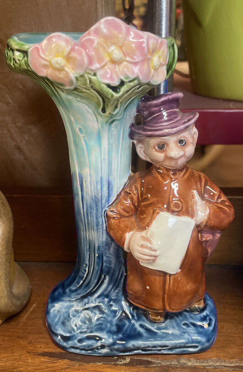 HAPPY HOOLIGAN Antique Majolica Little man Brown Derby Blue Vase/pink flowers...