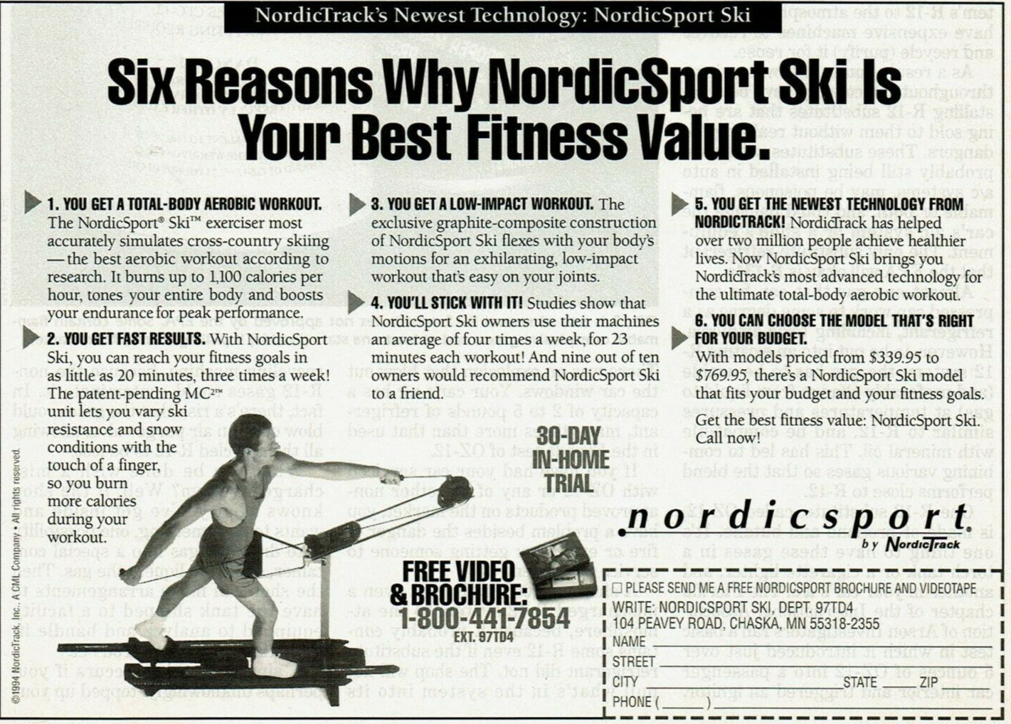 1994 Vintage Print Ad Nordicsport Ski by NordicTrack Exercise Equipment Workout