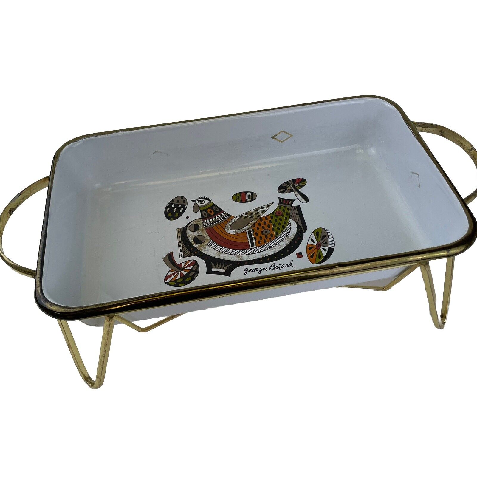 Vintage Georges Briard Enamel Casserole Dish Chafing Stand Rooster Mushroom MCM