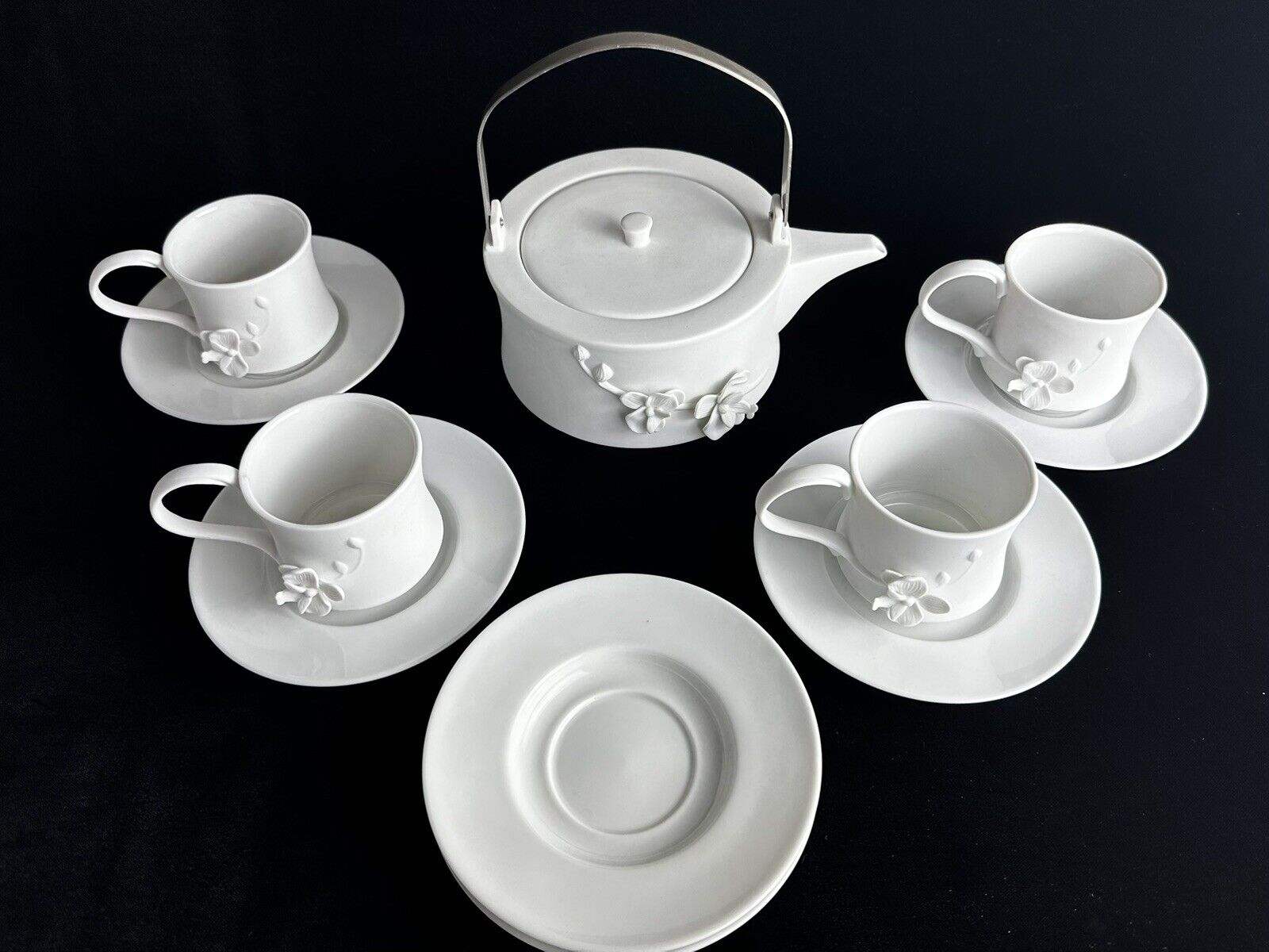 Teavana Orchid Tea Set Bisque Porcelain Tea Pot, Cup, Saucers - CHECK Condition
