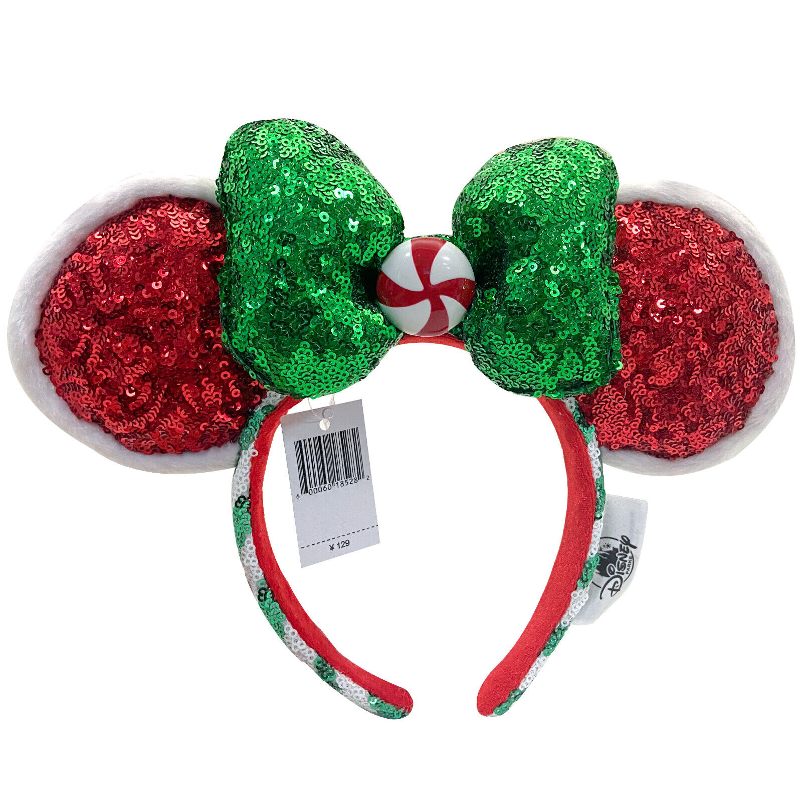 DisneyParks Green Sequin Minnie Mouse Bow Red Sequins Ears Headband Ears New
