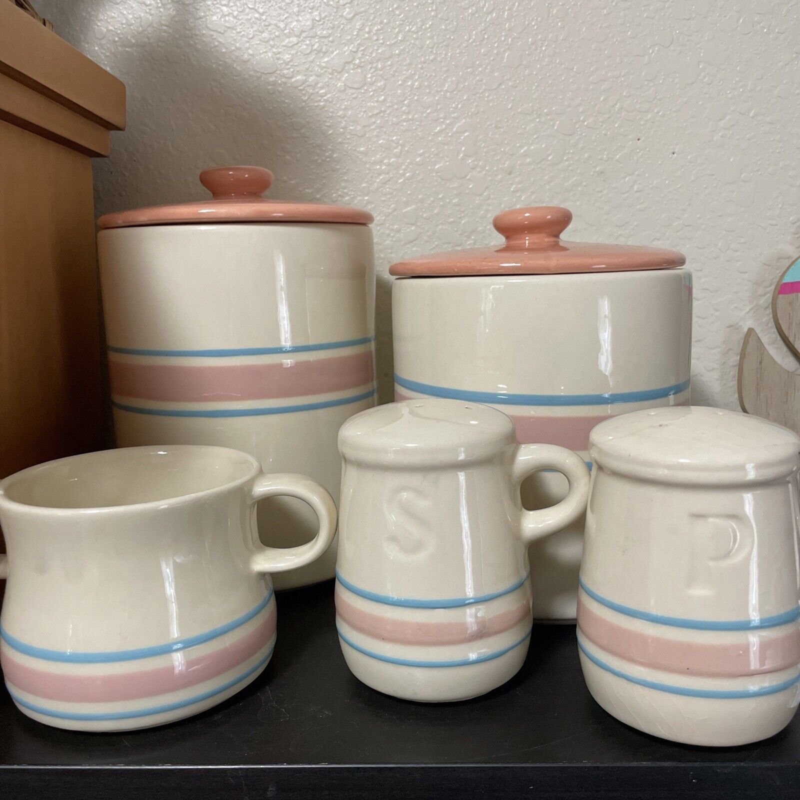 Vintage 70s 5 Piece Set McCoy Pottery Pink & Blue Striped Canisters and more
