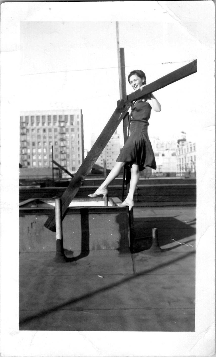 Flirty Babe Woman Showing Off Sexy Legs and Feet Rooftop 1920s Vintage Photo