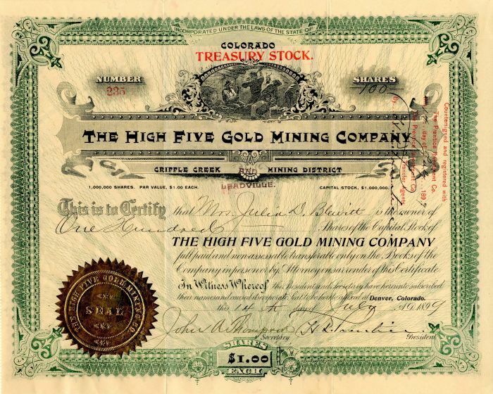 High Five Gold Mining Co. - Stock Certificate - Mining Stocks