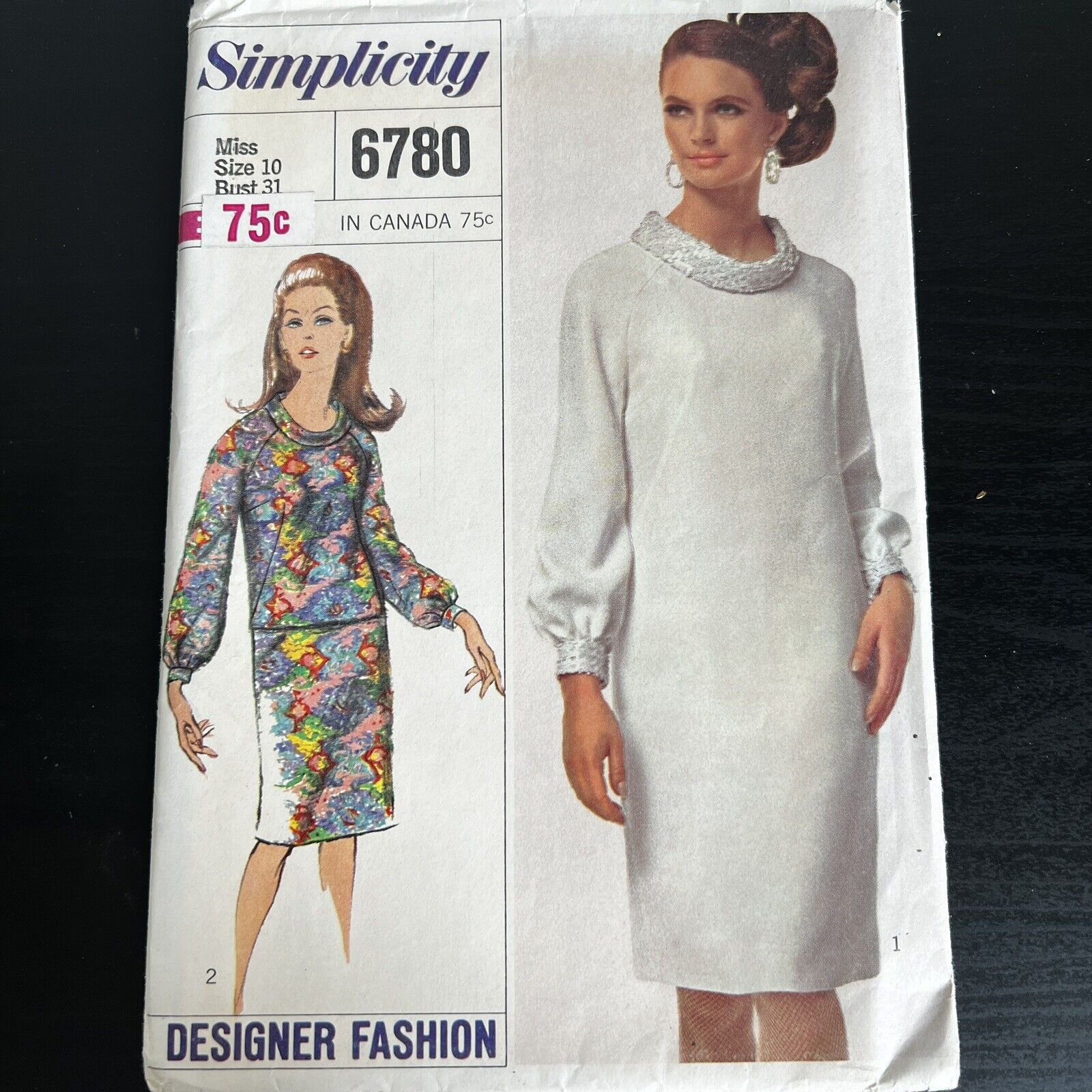 Vintage 1960s Simplicity 6780 Mod Roll Collar Dress Sewing Pattern 10 XXS UNCUT