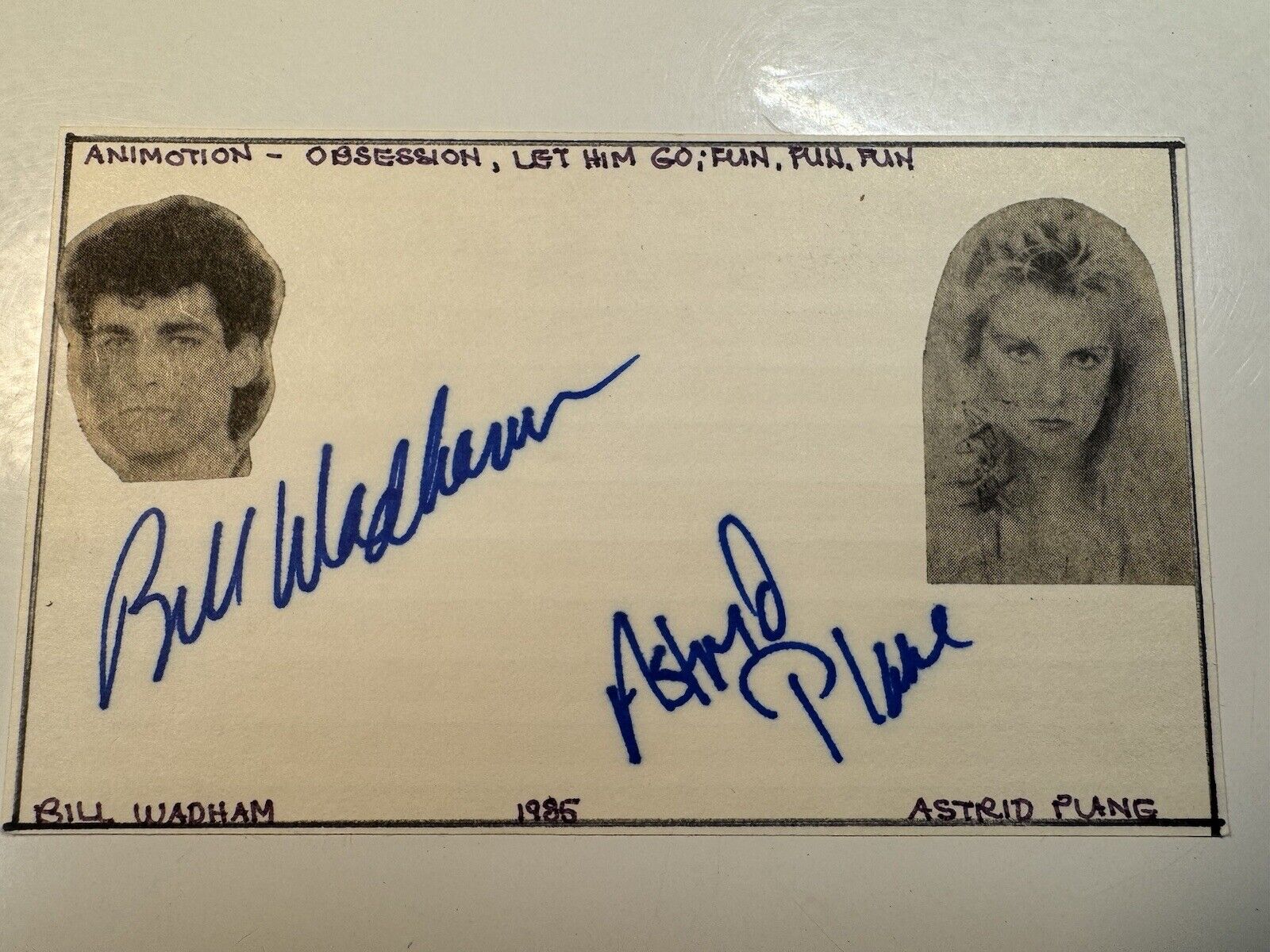 Bill Wadhams/Astrid Plane Animotion Band Autograph Signature Signed Card