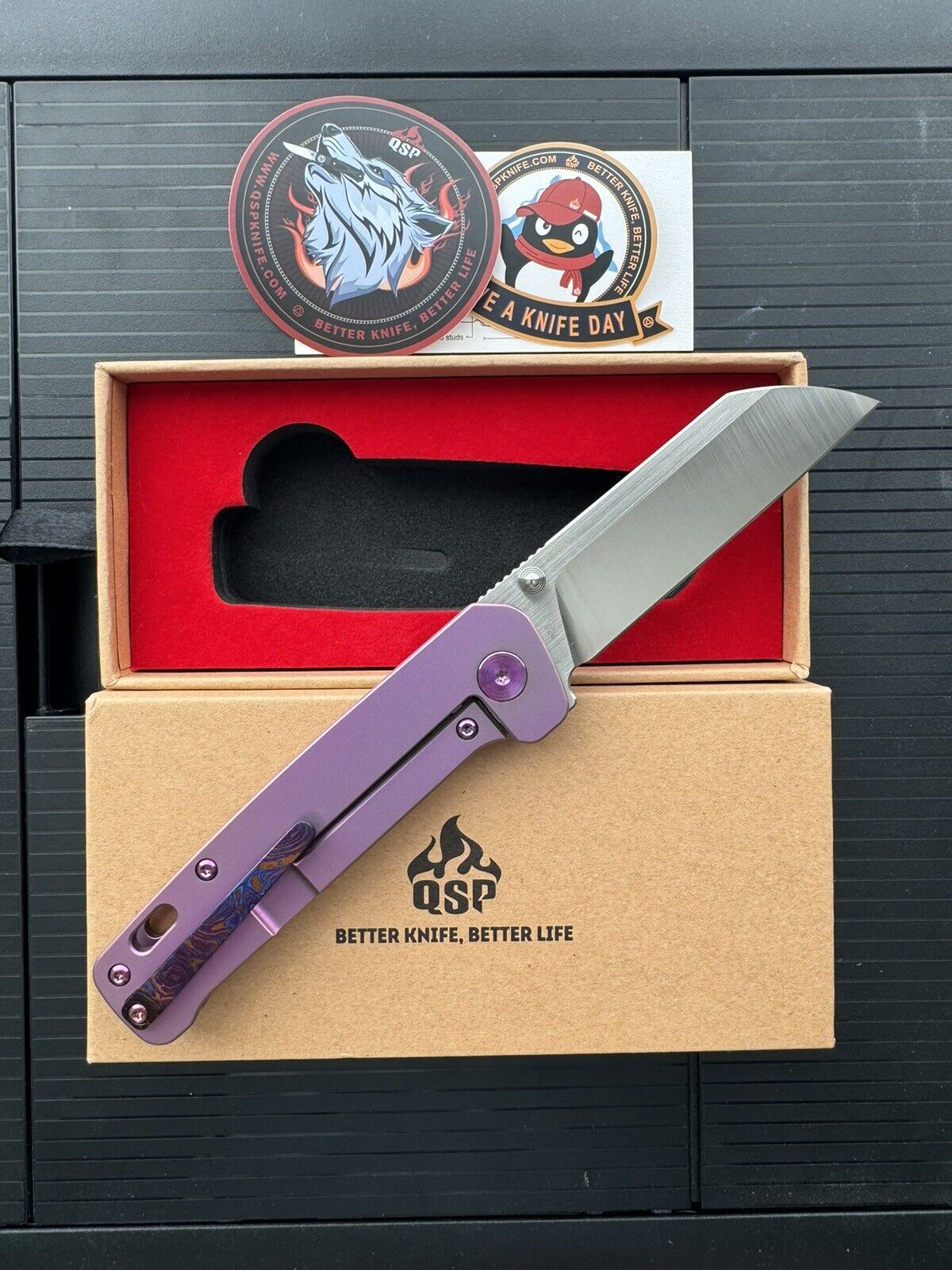 Kaviso X QSP Penguin Purple Titanium Mokuti Clip S35VN Satin Blade Knife