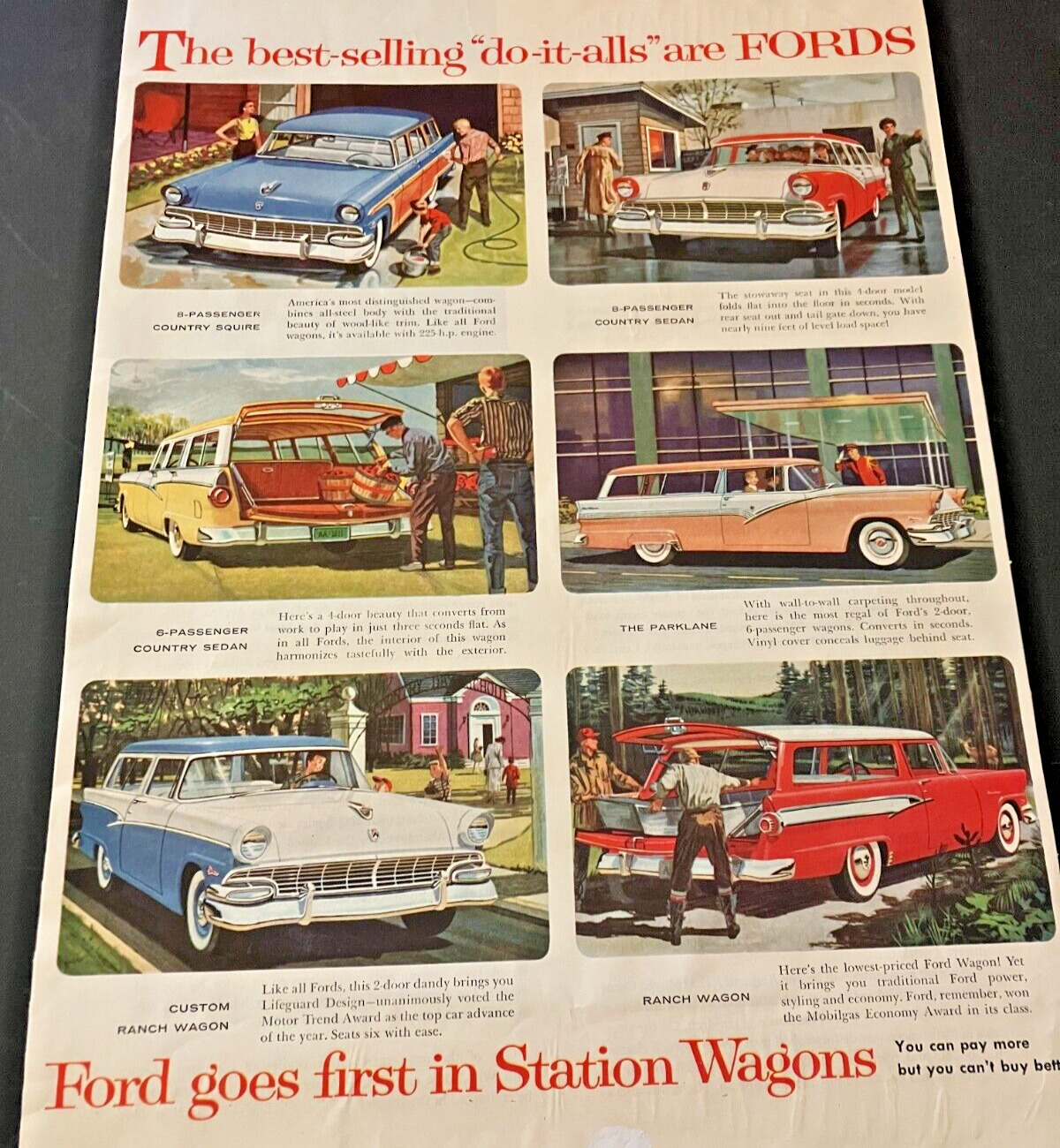 1950s Ford Wagon Model Range - Vintage Original Print Ad / Wall Art - Light Wear