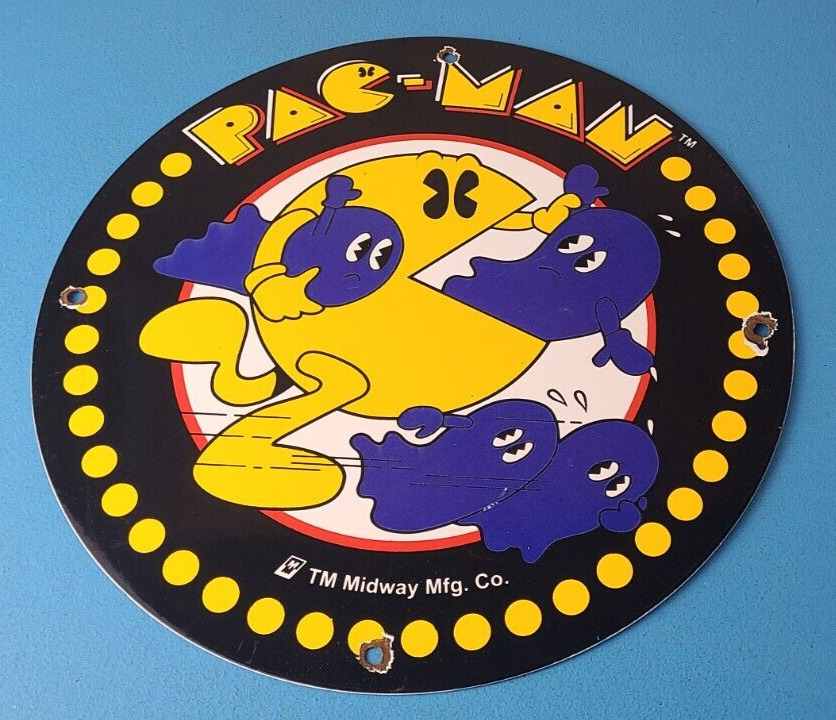 Vintage Pacman Sign - Gas Pump Maze Action Game Man Cave Arcade Porcelain Sign