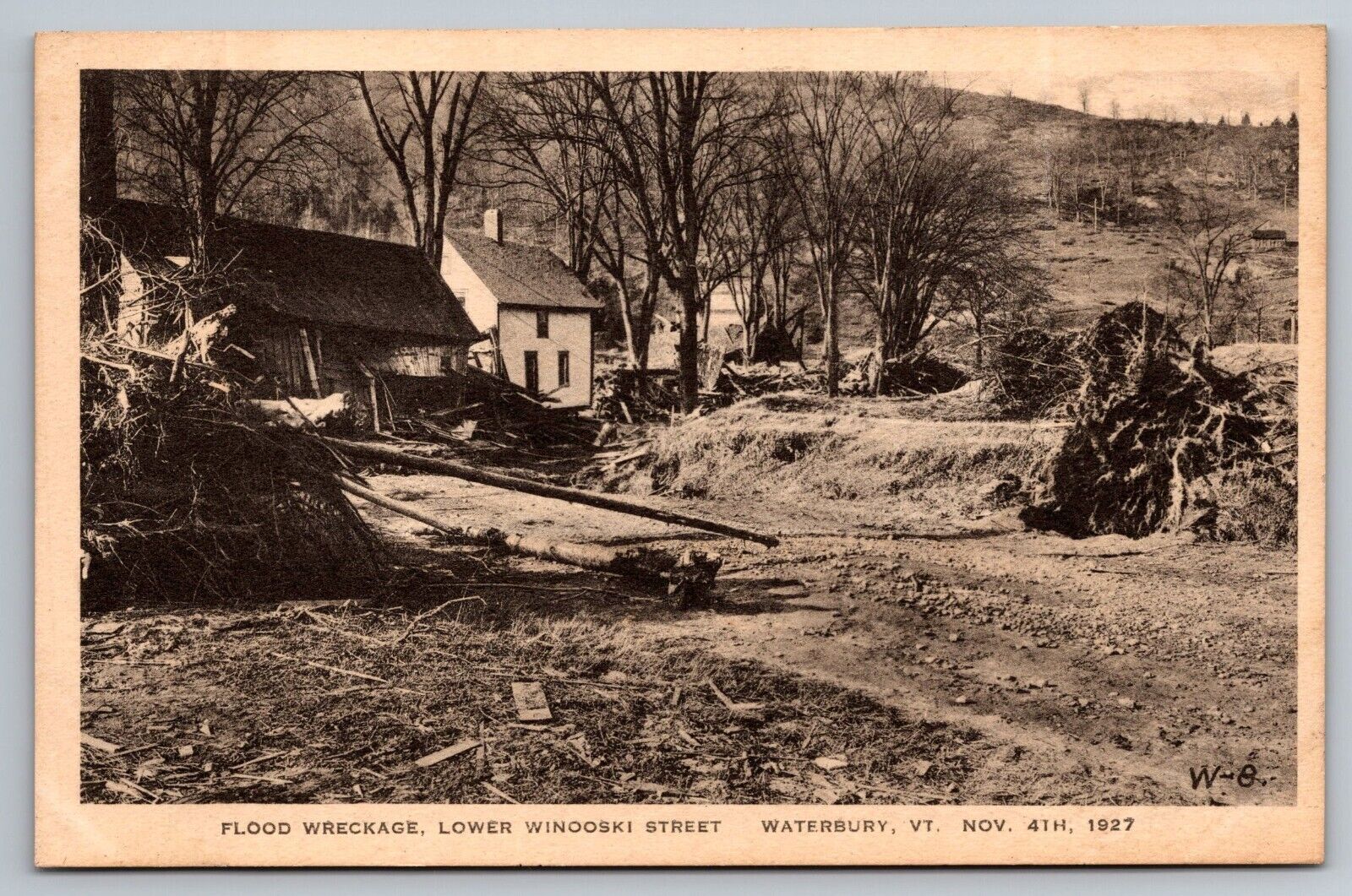 1927 Flood Wreckage. Lower Winooski Street. Waterbury Vermont Postcard