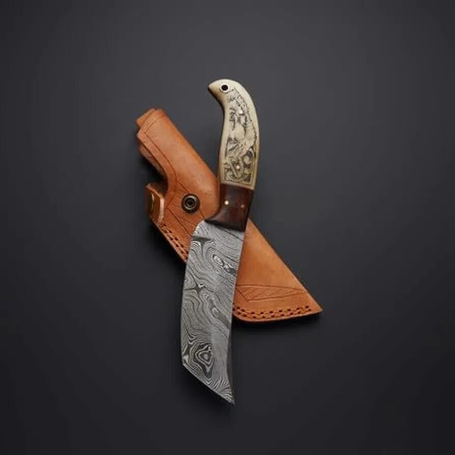 Custom Handmade Damascus Steel Scrimshaw Art Hunting Knife with Leather Sheath