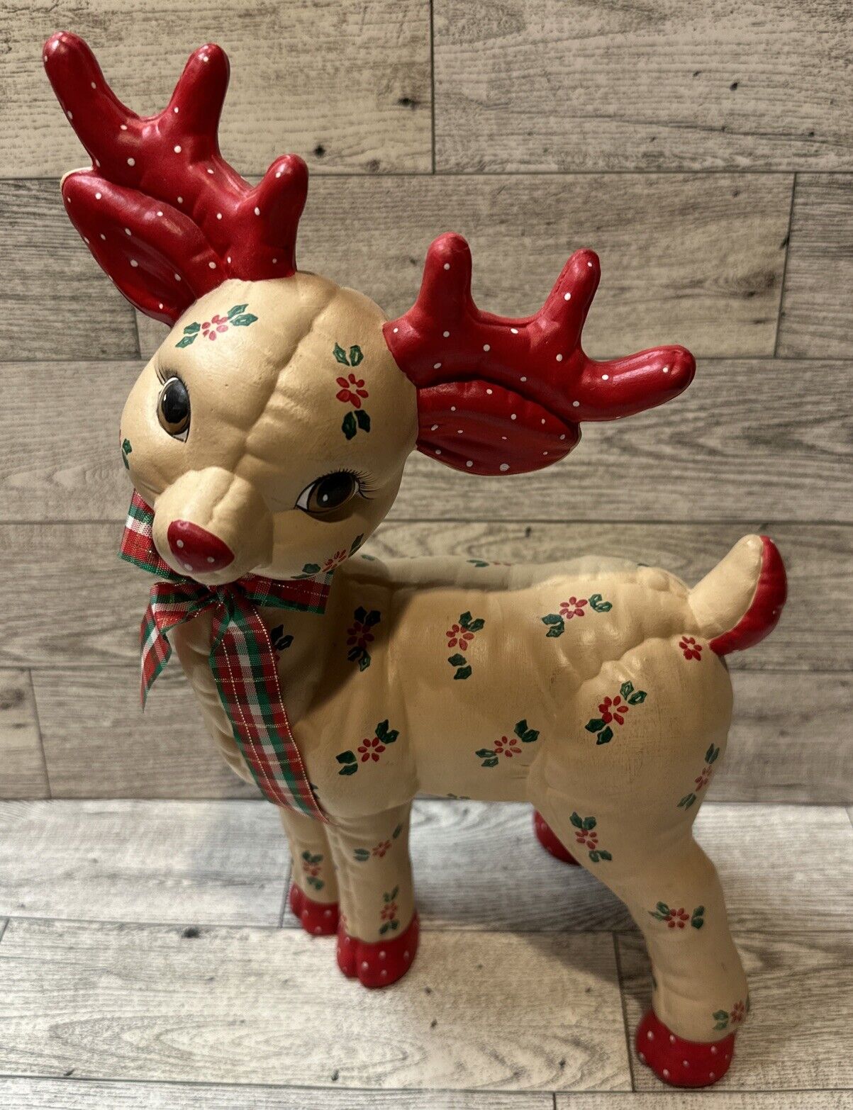 KIMPLE Ceramic Reindeer Quilted Hand Painted Kimple Christmas 7x10.5” Vintage A