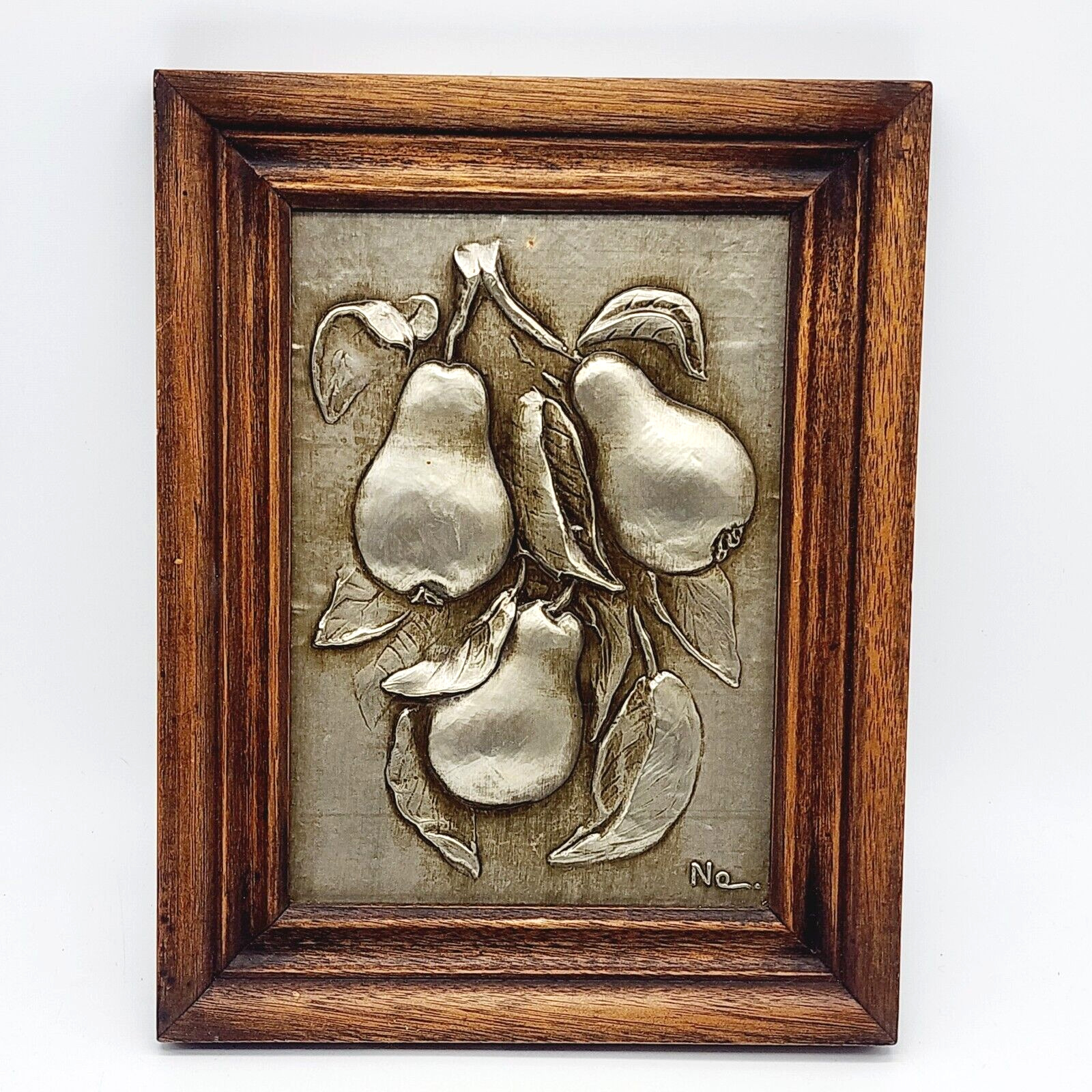 Vintage Copper Relief Embossed Wall Art Picture Pears Fruit Wood Frame Signed