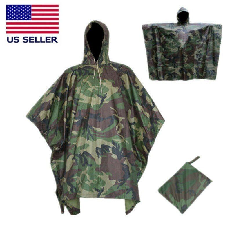 Poncho Military Woodland Ripstop Wet Weather Raincoat Camo For Camping Hiking